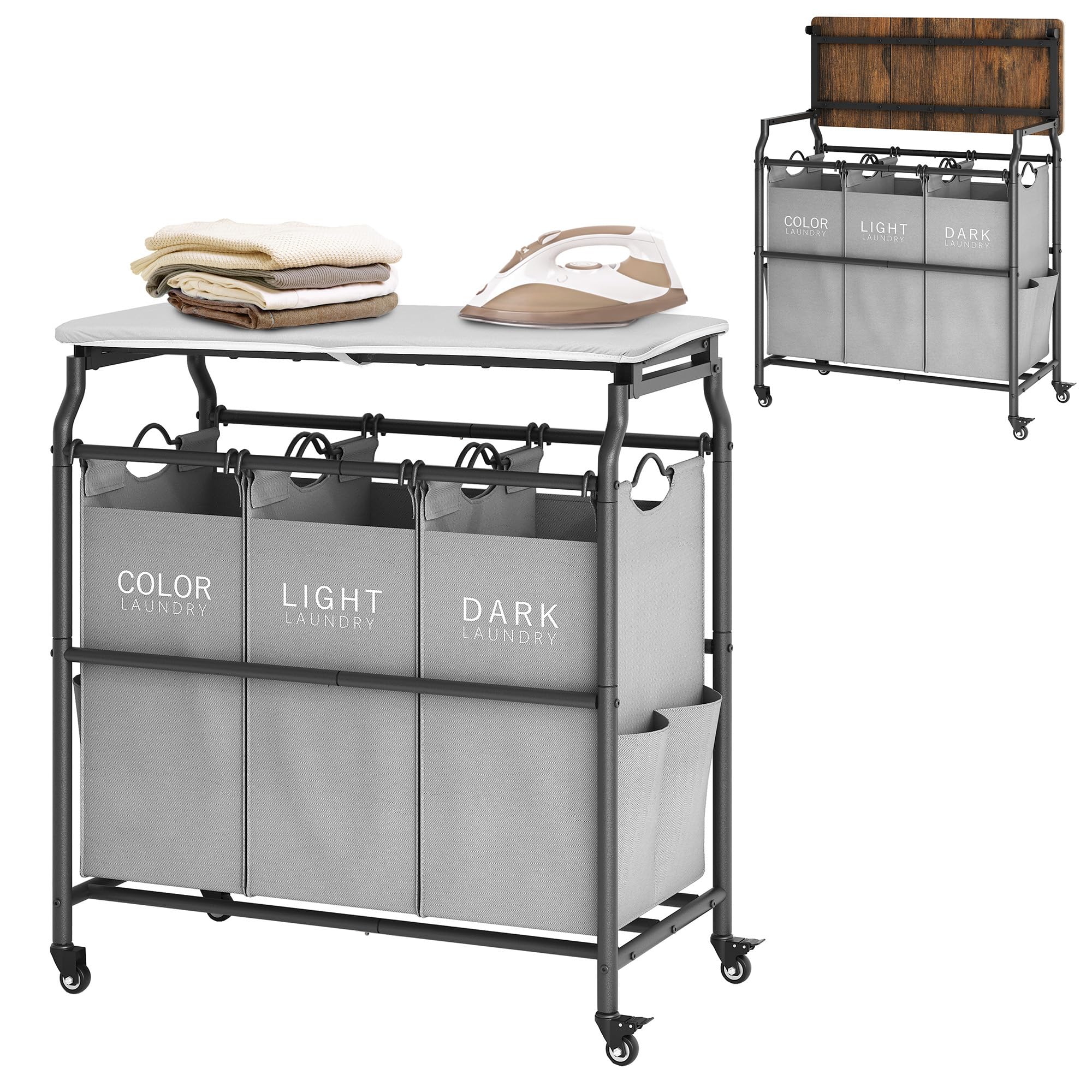 Hoctieon 3 Section Laundry Sorter Cart with Ironing Board, Laundry Hamper with Shelf and Rolling Wheels, Heavy Duty Laundry Basket Organizer, Large Clothes Separator Hamper with Removable Bags, Gray