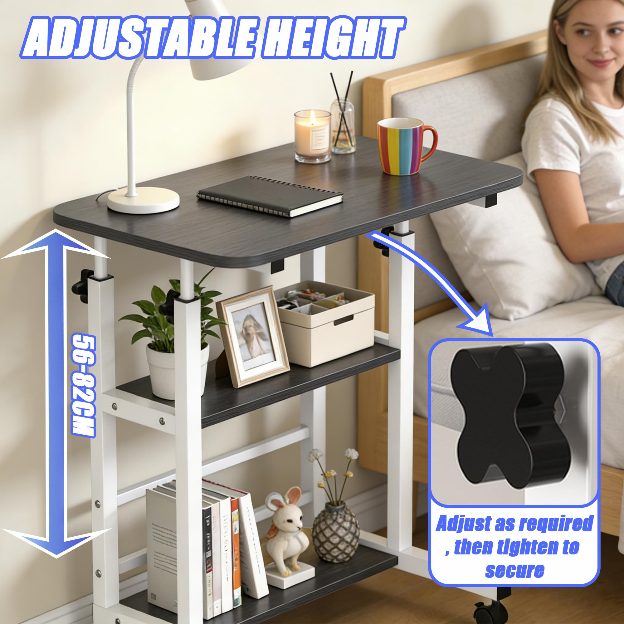 Verdego Höhenverstellbarer Schreibtisch, Beistelltisch mit Rollen, 2 Ablagen, PC Tisch 40 x 60 x 56-82cm, Platzsparender, Kleiner Mobiler Computertisch für Home Office, Sofa, Bett (Schwarz)