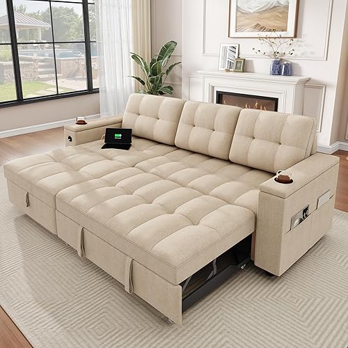 DWVO L-Shaped Sectional Sofa with USB & Chaise, 4-seat Fabric Convertible Couch Bed w/Pull Out Bed & Storage, Reversible Sleeper Sofa for Living Room, Beige