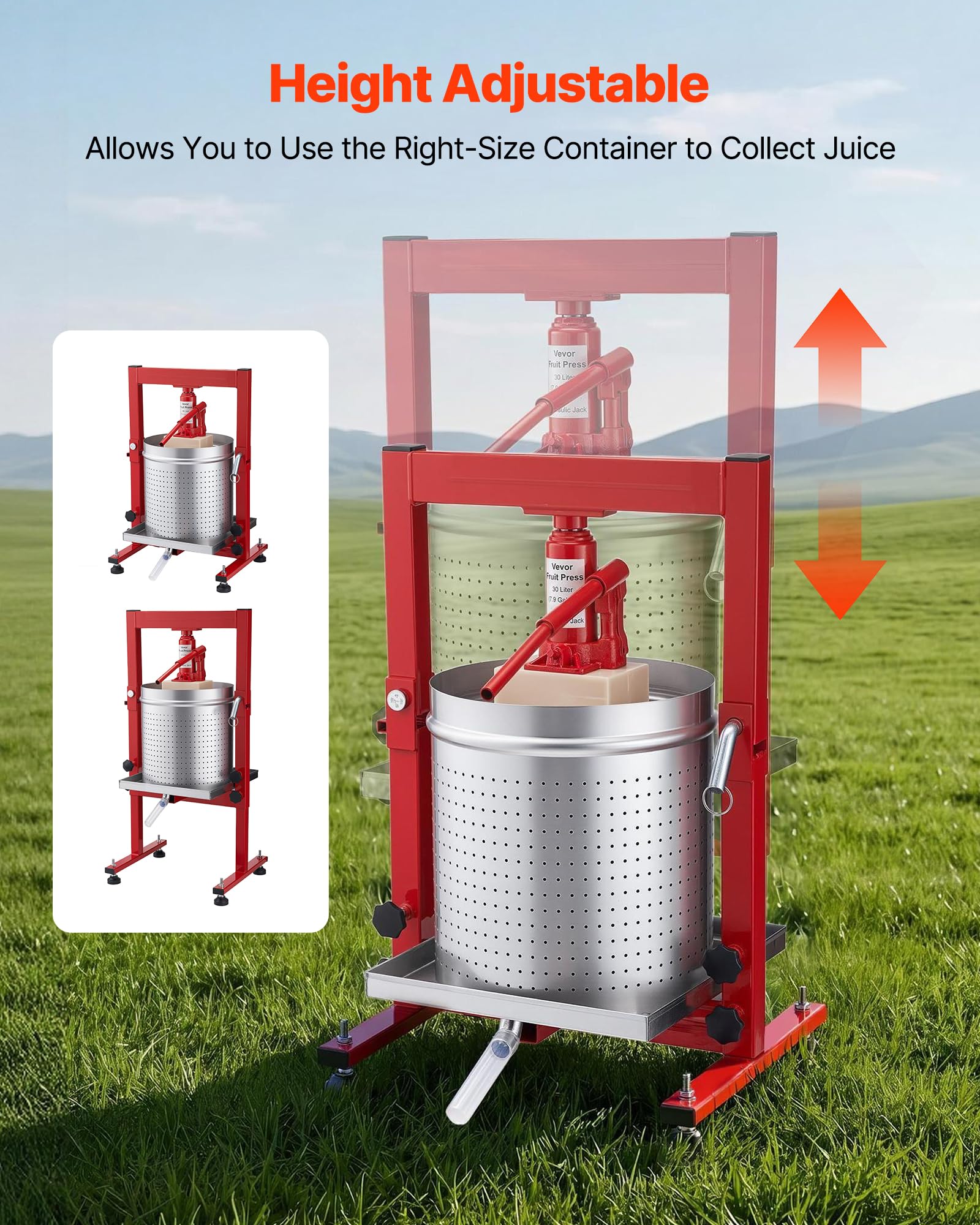 VEVOR Manuelle Beerenpresse 30 L aus Edelstahl, Weinpresse und Obstpresse für Äpfel, Weintrauben, Orangen und Gemüse, Apfelpresse mit 2 Filterbeuteln, 40 x 32 x 61 cm Hydraulische Saftpresse