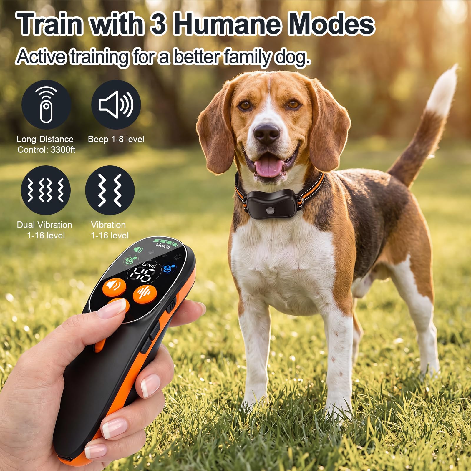 Collier de Dressage pour Chien avec télécommande, IP67 étanche, portée 1000m, Vibrations et Boost (1-16), 8 Sons bip – sans décharge électrique, jusqu'à 67,5 cm de Cou