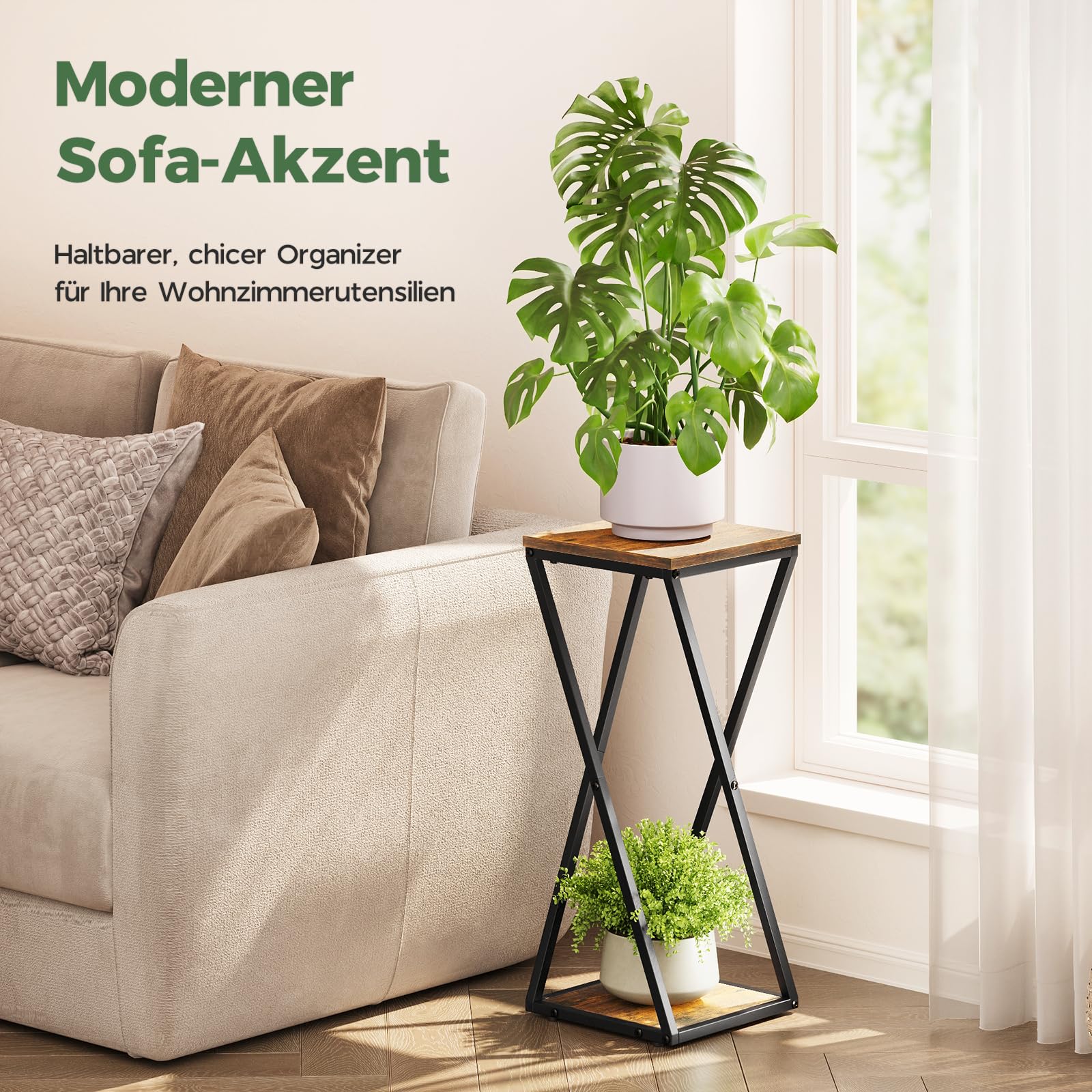 Bamworld Blumenständer Metall mit Holz Ablagen, 2 Ebenen Pflanzenständer im Industrie-Design, Blumenhocker für Wohnzimmer Balkon Garten Dekoration