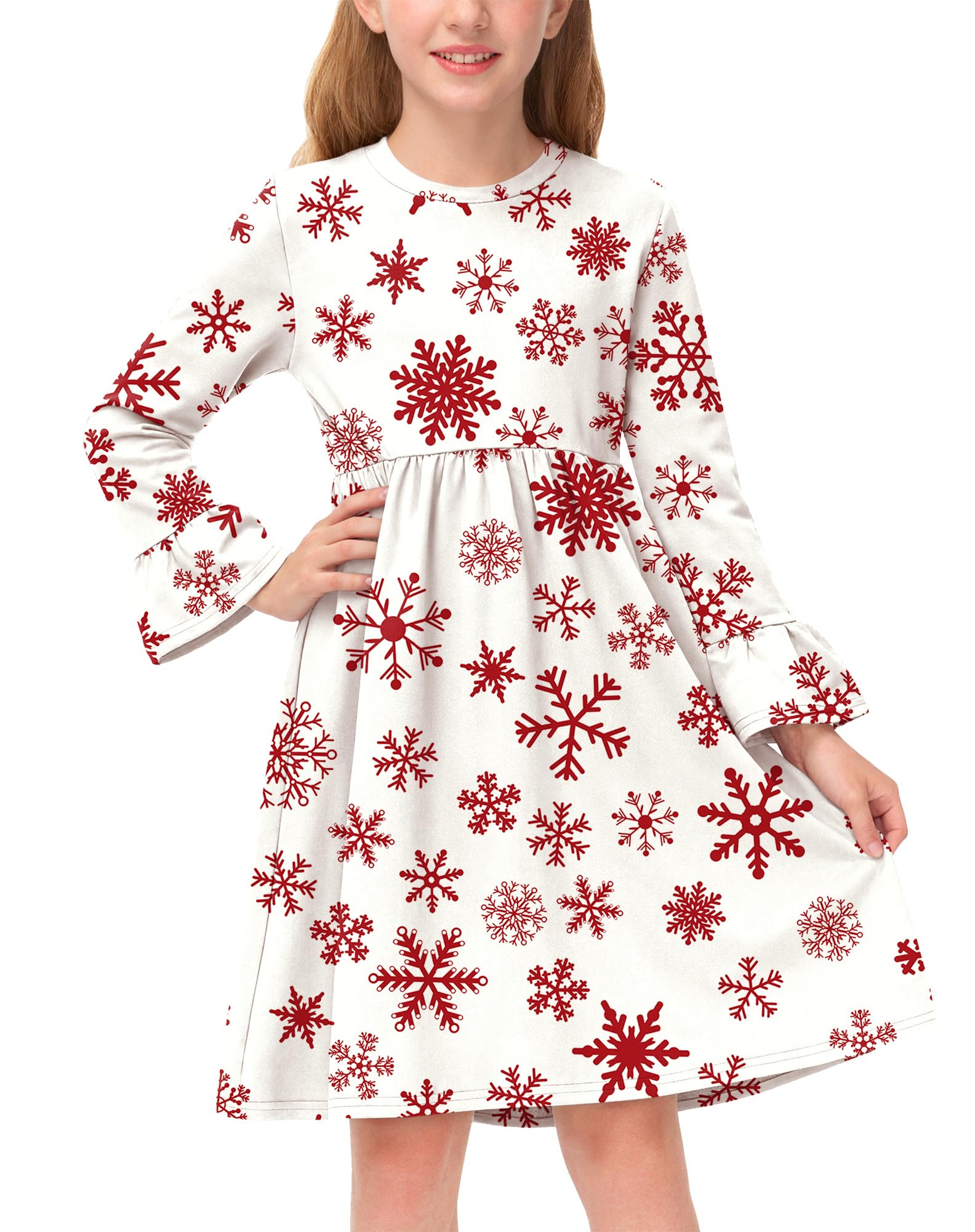 BesserBay Girls Christmas Party Bell Sleeve Pleated Twirl Dress Size 6-14 Years