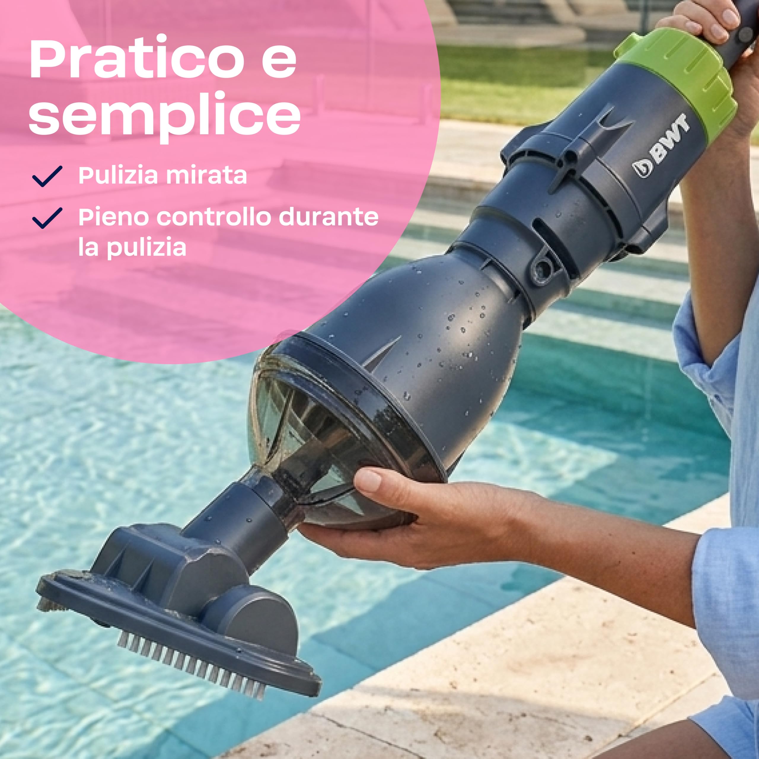 BWT Aspiratore Piscina ES02 [NUOVO 2026] | Pulitore a Batteria Senza Fili | 30min Autonomia | 2000 mAh | Per Piscine e Spa fino a 10000l | Ricarica USB | Aspirapolvere senza fili, 30 minuti di autonomia, 2000 mAh, per piscine idromassaggio fino a 10000 l,