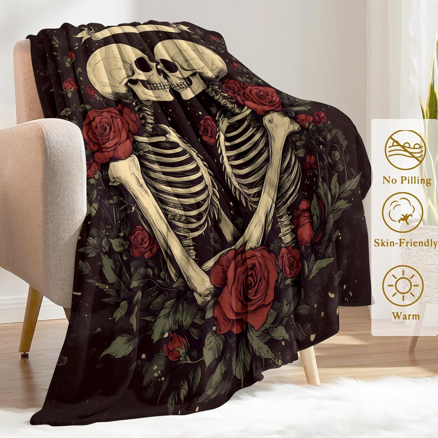 Skull Skeleton and Rose Flannel Blanket - Lightweight Soft Cozy Gifts Blankets for Horror Lovers, Men,Women,Gothic Romantic Dark Style Throw,Home Room Modern Halloween Decor 50x60in