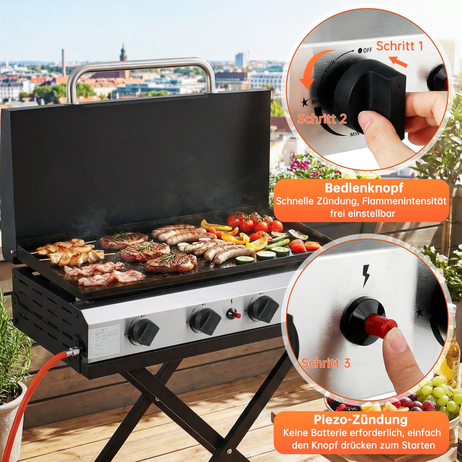 LIFERUN Tischgasgrill mit 4 Edelstahl-Brenner(9.6KW),groß Tischgrill mit Deckel(Grillfläche 74×35cm),Campinggrill Keramische Lackbeschichtung Grillplatte,Balkongrill für Familien,Gartenpartys,Feiern