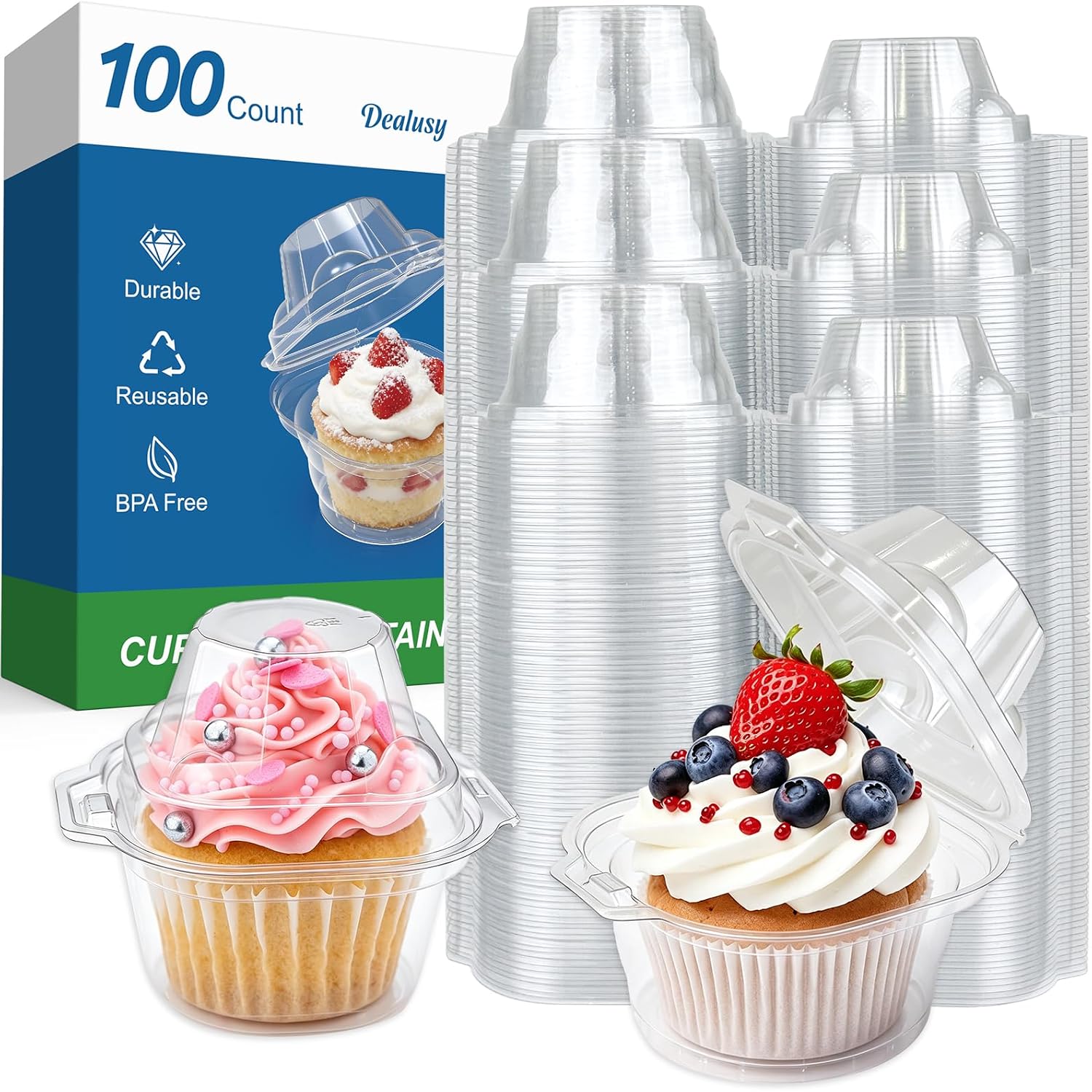 Dealusy 100 Pack Individual Cupcake Containers with Airtight Lids