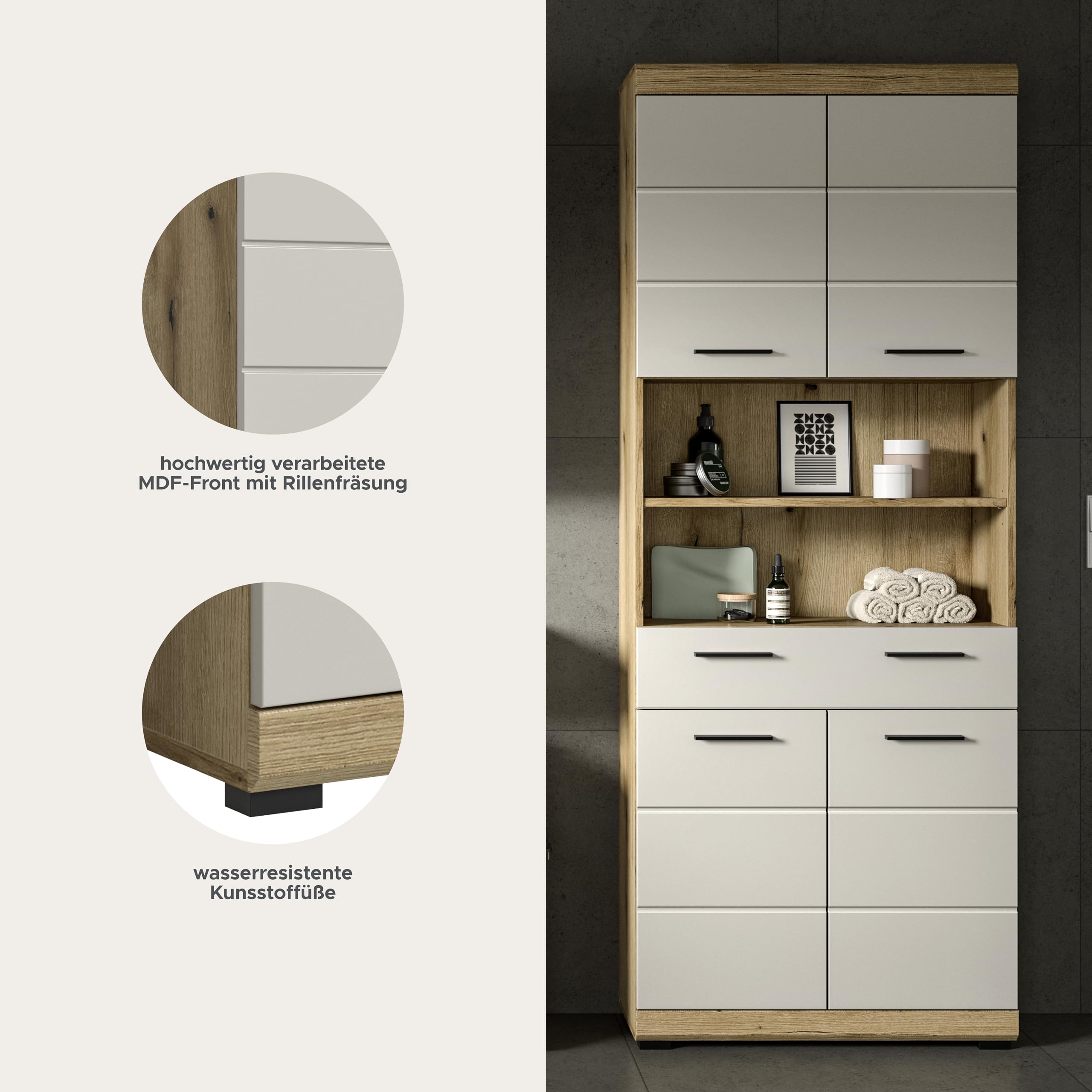 xonox.home – Hochschrank Scout 74x191x31 cm in Evoak Oak und Kaschmir Nachbildung matt – Breiter Hochschrank für Badezimmer – großzügig – Bild 5
