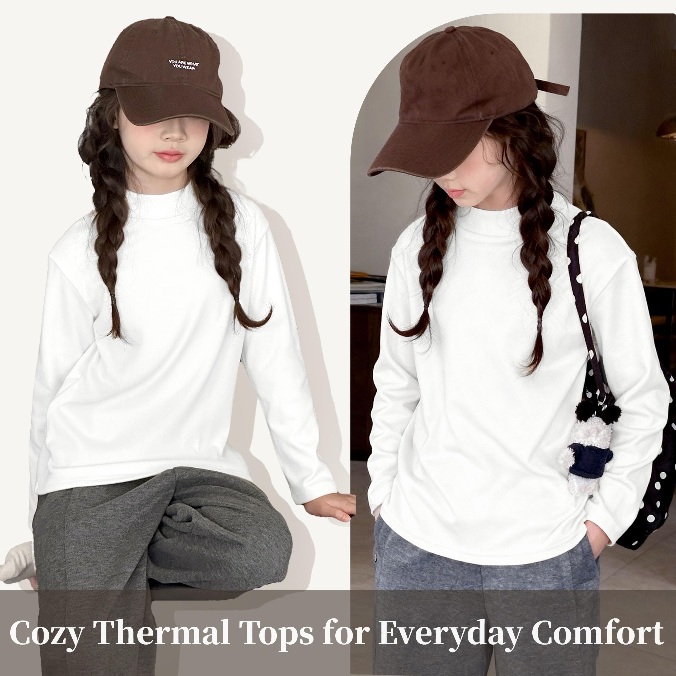Rolanko Camisa de Manga Larga para Niñas, Básicos Térmicos Tops de Forro Polar Camiseta Interior De Cuello Alto para Niños 2 Packs