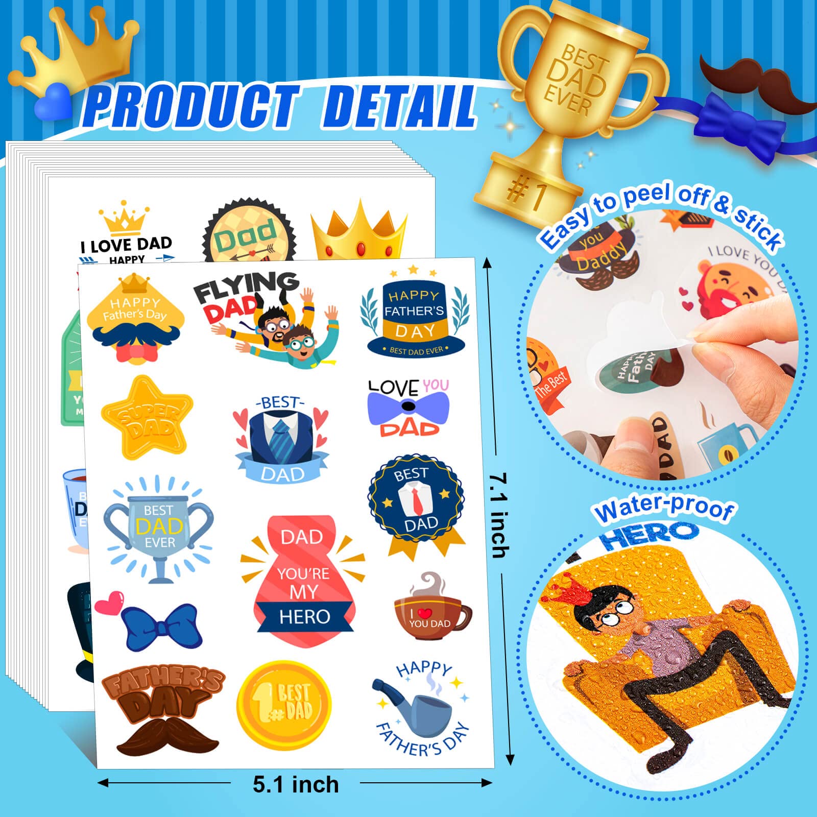 FLYAB 36 etichette adesive per festa del papà, 3,8 cm, per la festa del papà, etichette adesive per la festa del papà, etichette adesive per buste, sigilli, biglietti, scatole per la festa