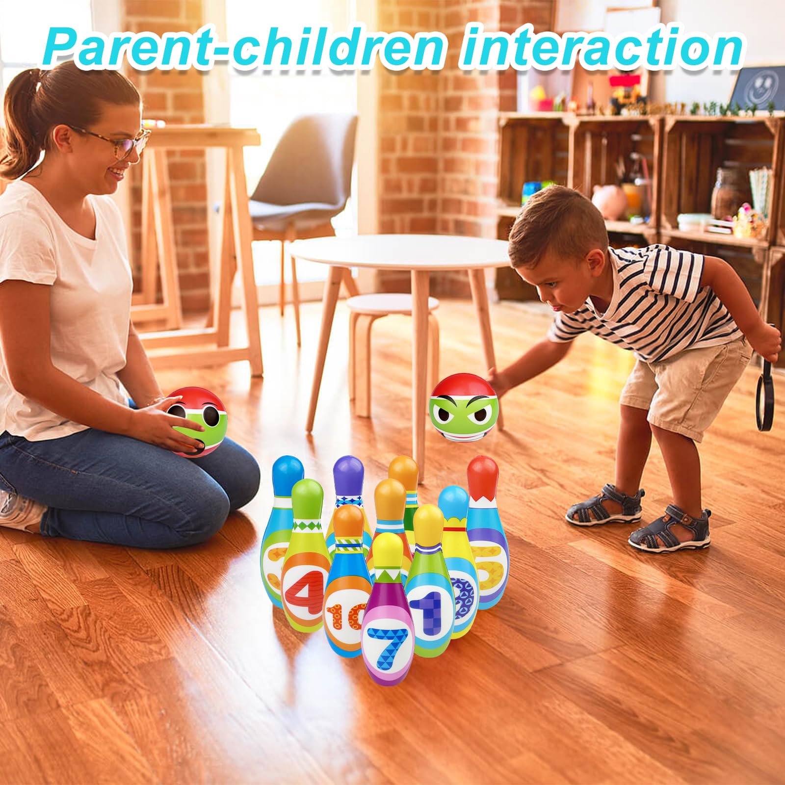 Chiluxendo Quilles de bowling pour enfants (12 pièces, jeu de 2 ans, jeu de table, jeux de jardin, jeux Montessori, en plein air, cadeau amusant et éducatif, cadeaux de Noël