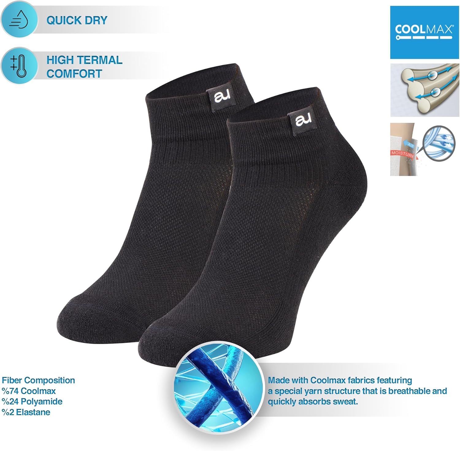 Coolmax Thin Ankle Running Sock, Light, Half Cushion Heel, Moisture Wicking, Unisex Sport, Made in Turkey - Image 3