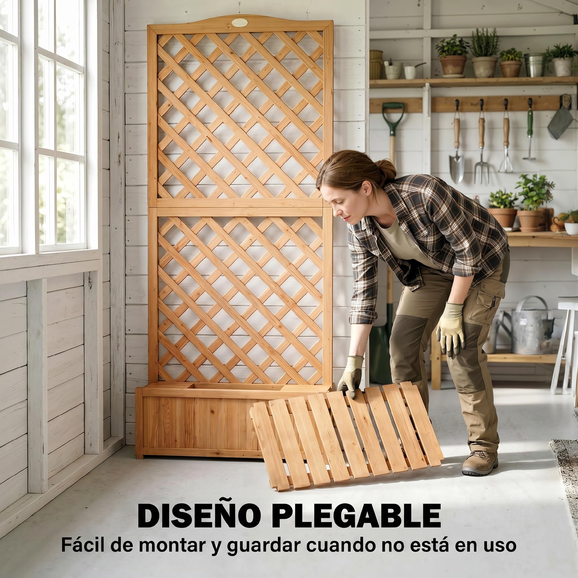 Outsunny Jardinera con Enrejado de Madera, Jardinera Exterior Grande para Plantas Trepadoras, con 2 Cajas Plegables, Base de Listones, Macetero Elevado para Patio, Terraza, 73x70x170 cm, Natural