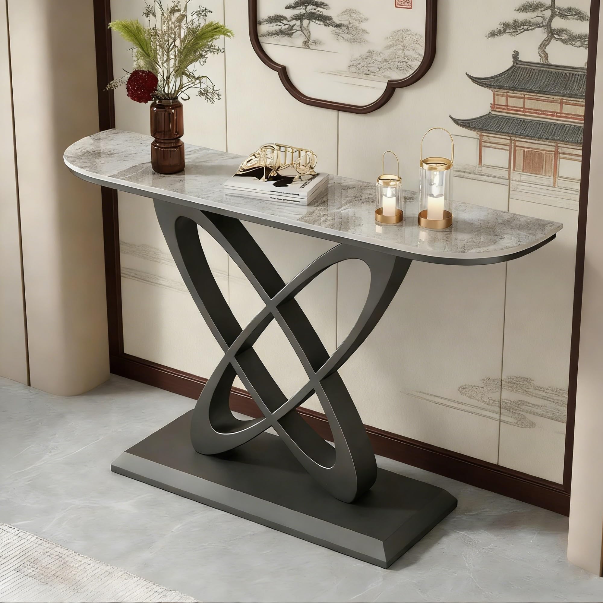 Modern Console Table 80cm Ultra-Narrow Stone Entryway Table With Metal Base Slim Sofa Table Behind Couch Luxury Porch Table & Hallway Accent Table For Entrance Living Room(I,59"/150CM)