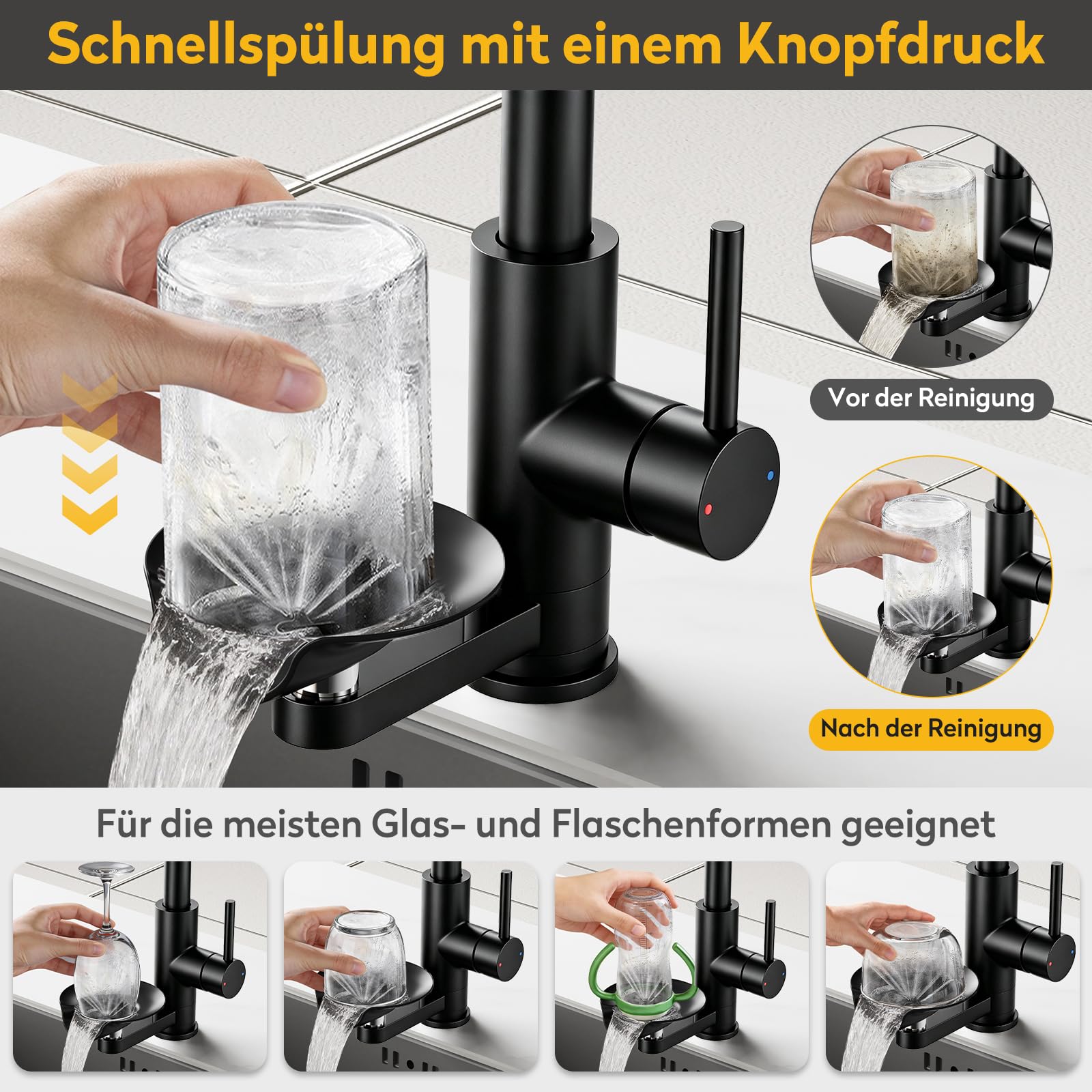 HANLIAN Schwarz Wasserfall Wasserhahn Küche Ausziehbar mit Glasspüler