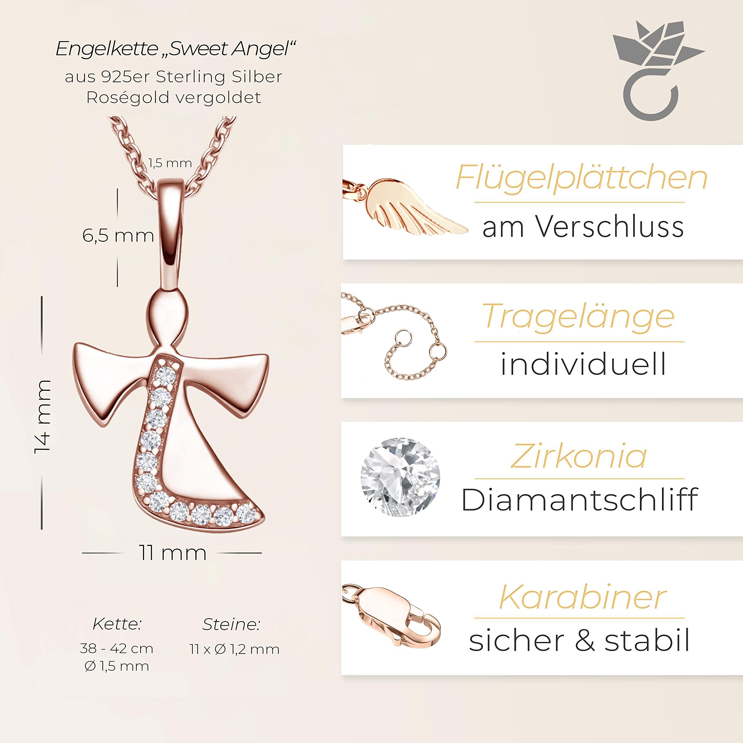 Schutzengel Kette Mädchen Rosegold (Silber 925 vergoldet), Engel-Anhänger | Halskette, Kinder-Schmuck Erst-Kommunion Tauf-Geschenk Konfirmation Firmung Geburt Taufe, Gold-Kette Kinderkette Taufkette