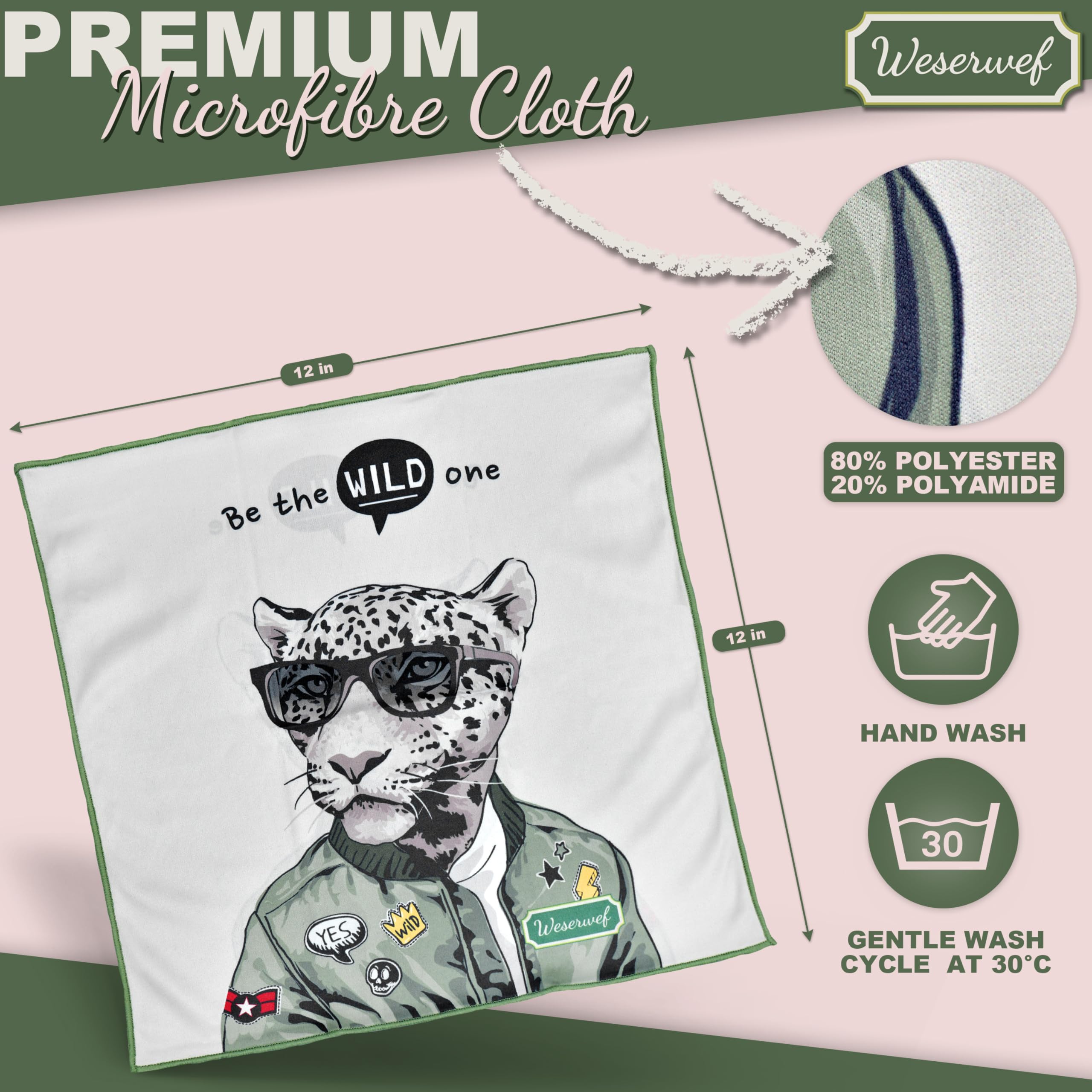 Weserwef® Paño de microfibra XXL de calidad óptica de 30 x 30 cm para la limpieza de gafas, smartphone, tableta, cámara. Paño de pantalla (salvaje uno)
