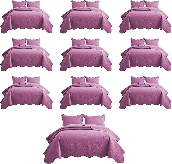 IR Imperial Rooms 10 Pack Queen Quilt Bedding Set (90" x 96") - Bulk Wholesale for Hotels, Guest Bedroom & Airbnbs - Lightweight Microfiber Reversible Floral Embossed Quilts Bedspreads (Purple)