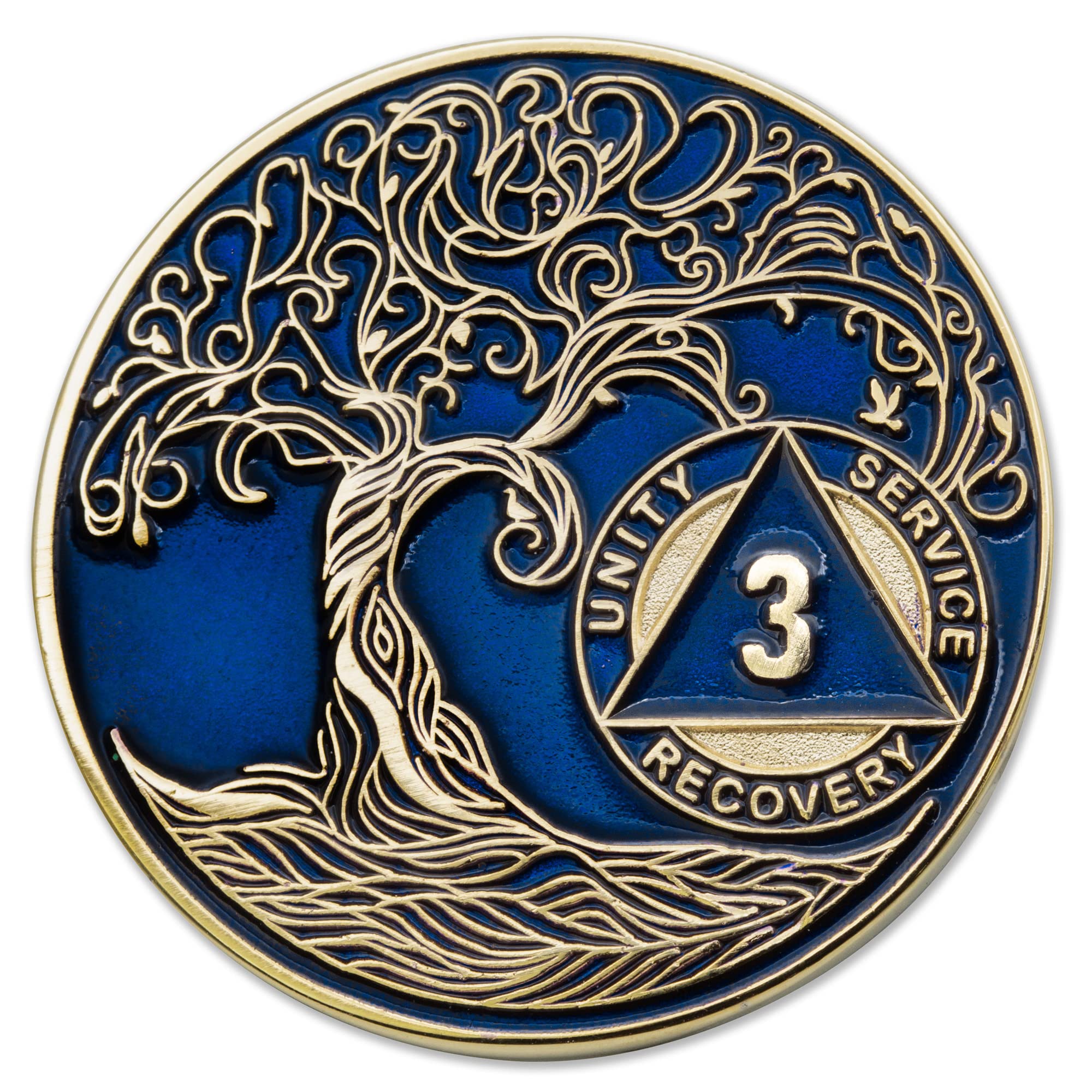 1 to 50 Year Twisted Tree of Life Sobriety Coin - Gold Plated AA Chips &amp; Medallions - 3 Year Sobriety Coin - Translucent Blue
