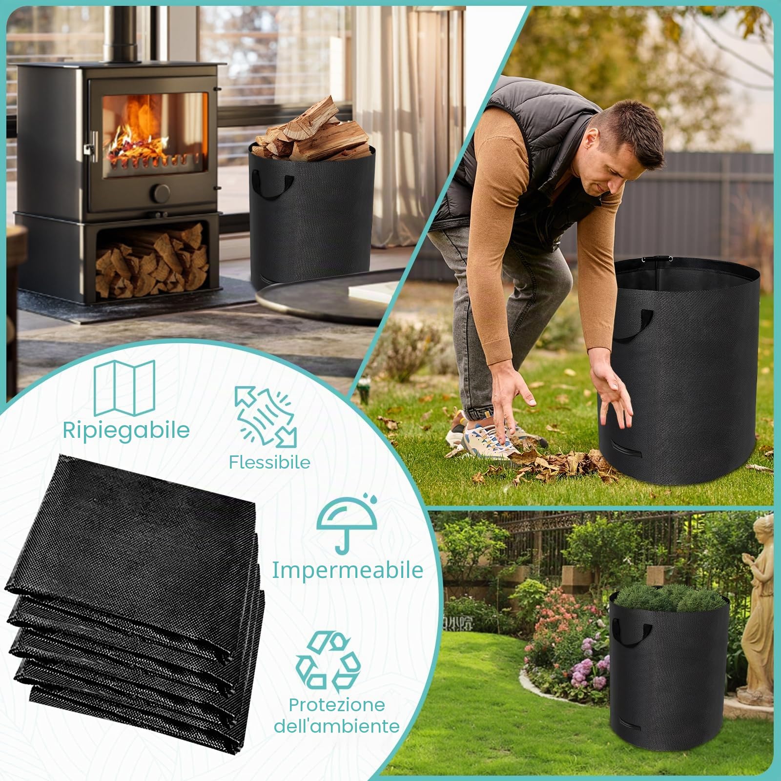 Sacchi per Rifiuti da Giardino Resistenti, 272L x 4Pacchi Sacchi da Giardino Riutilizzabili con Maniglie,incl Guanti, Antistrappo, Idrorepellente, Riutilizzabile, Pieghevole