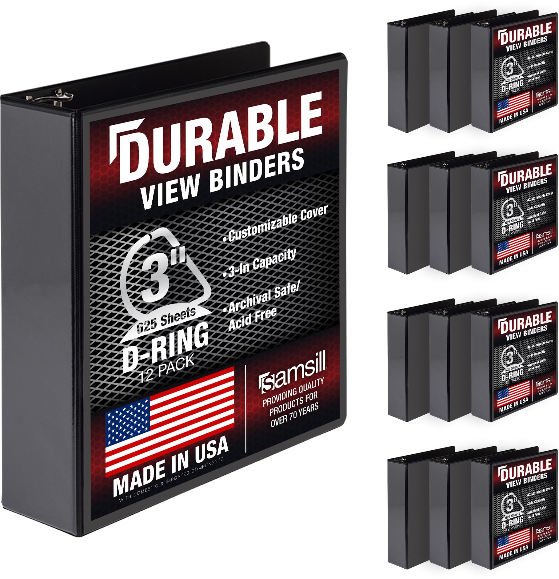 Samsill Durable 3 Ring Binder Made in The USA, 3-Inch D Ring Binder, Holds 625 Sheets, Customizable Clear View Cover, Black 12 Pack