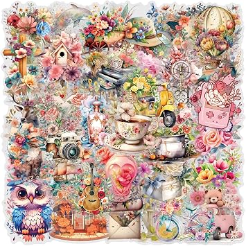 58pcs Vintage Watercolor Floral Stickers Pack,Aesthetic PET Transparent Flowers Sticker Waterproof Decorative Decals for Journaling, Decoupage, Planners, laptops, Phone Case, Gift DIY Card Making