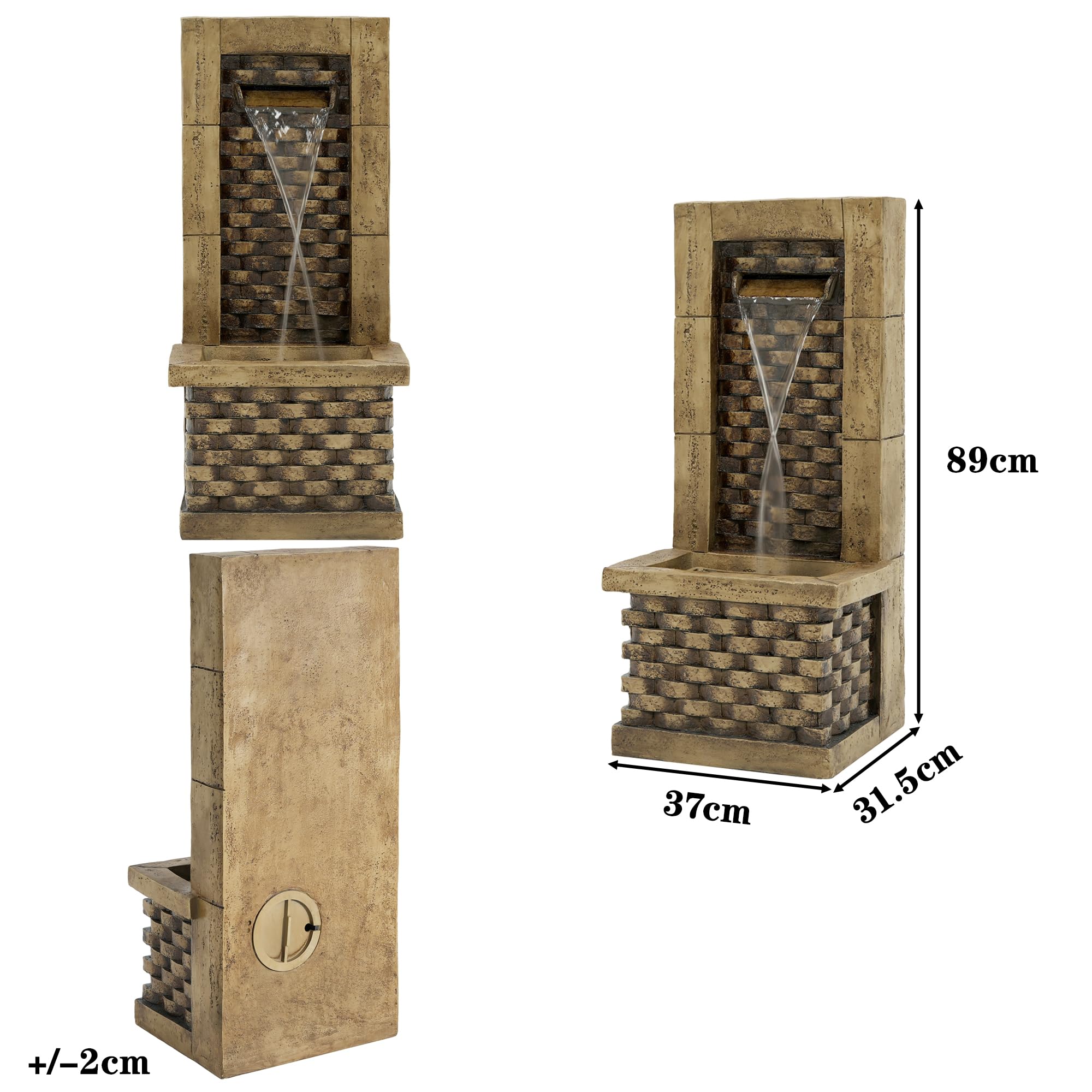 Gartenbrunnen für Außen im Antik-Stil mit LED – Springbrunnen aus Harz mit Wasserfall, Zierbrunnen für Terrasse & Balkon, authentische Steinoptik in Antique Brown
