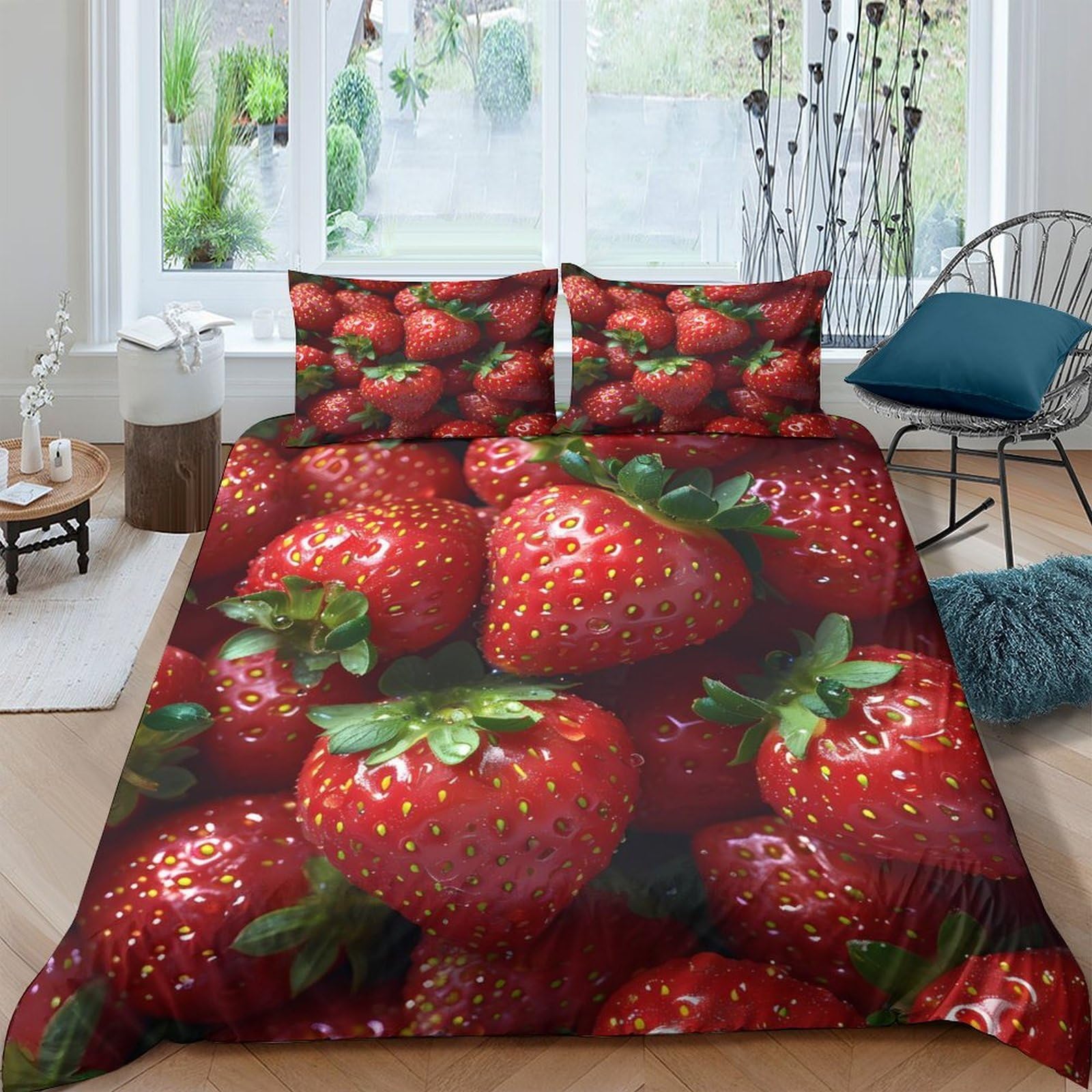 XFKLYNVCJ 3D Printed Fresh strawberries Duvet Cover Durable Fabric Natural fruit style Bed Cover Quick Drying No Iron for Student Dormitory Uni Accommodation Daily Use Single（140x200cm）