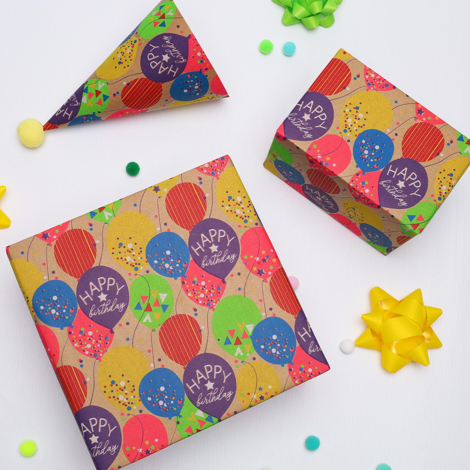 BIOBROWN Rollo de papel de regalo de papel de estraza, diseño de globos coloridos, perfecto para envolver cumpleaños y vacaciones, 17 pulgadas x 33 pies