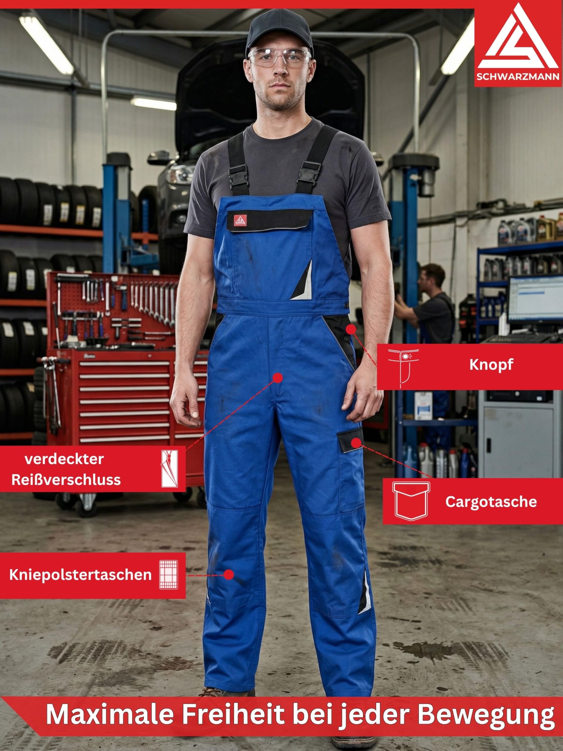 Arbeitshose Herren Latzhose mit Stretchbund 6 Taschen robuste Arbeitskleidung Männer Arbeitslatzhose mit Kniepolstertaschen Berufskleidung Handwerk Bau Industrie KFZ Werkstatt Lager Garten Sanitär DIY