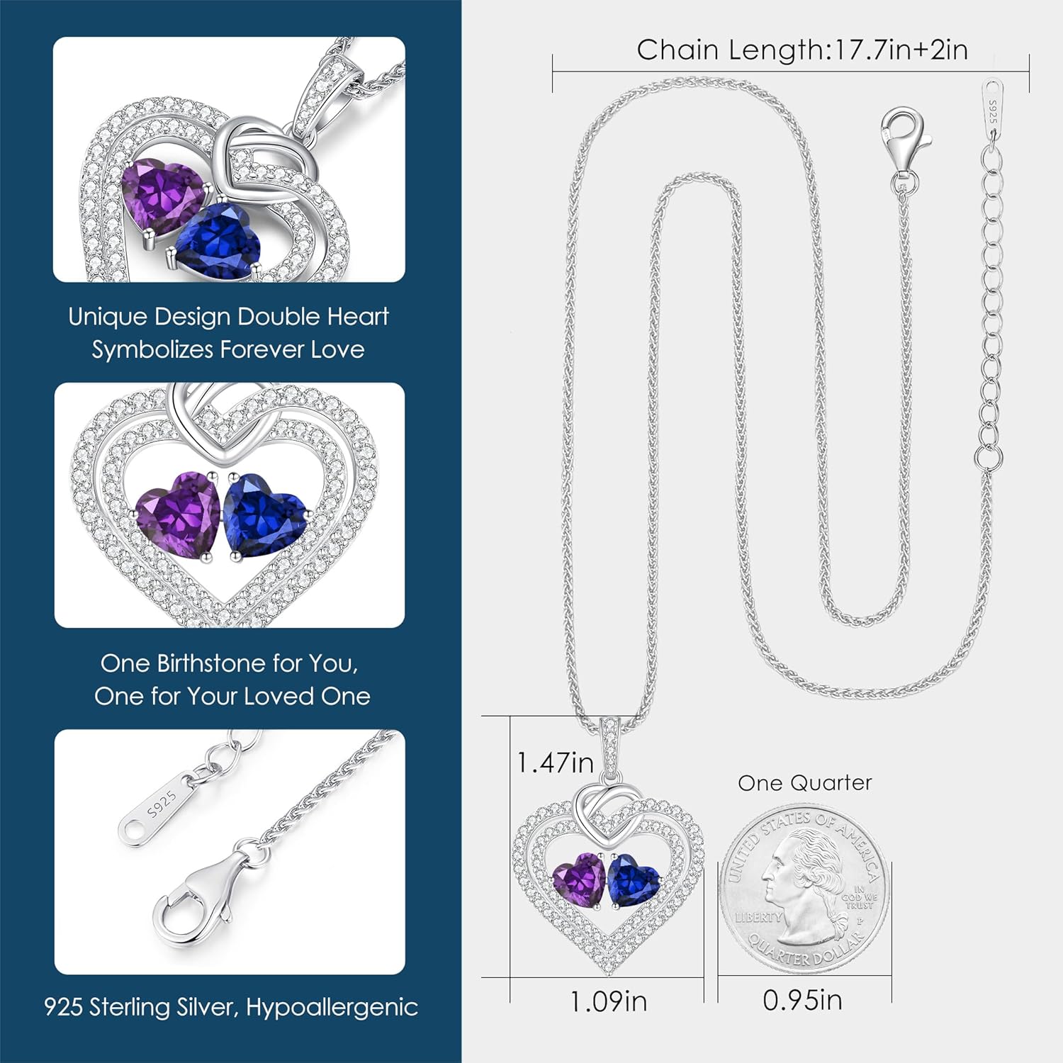LOUISA SECRET Sparkling Double Heart Birthstone Necklaces for Women, 925 Sterling Silver Fine Jewelry, Pendant Heart Necklaces Birthday Anniversary Christmas Gift for Women Wife Mom Girlfriend Lady
