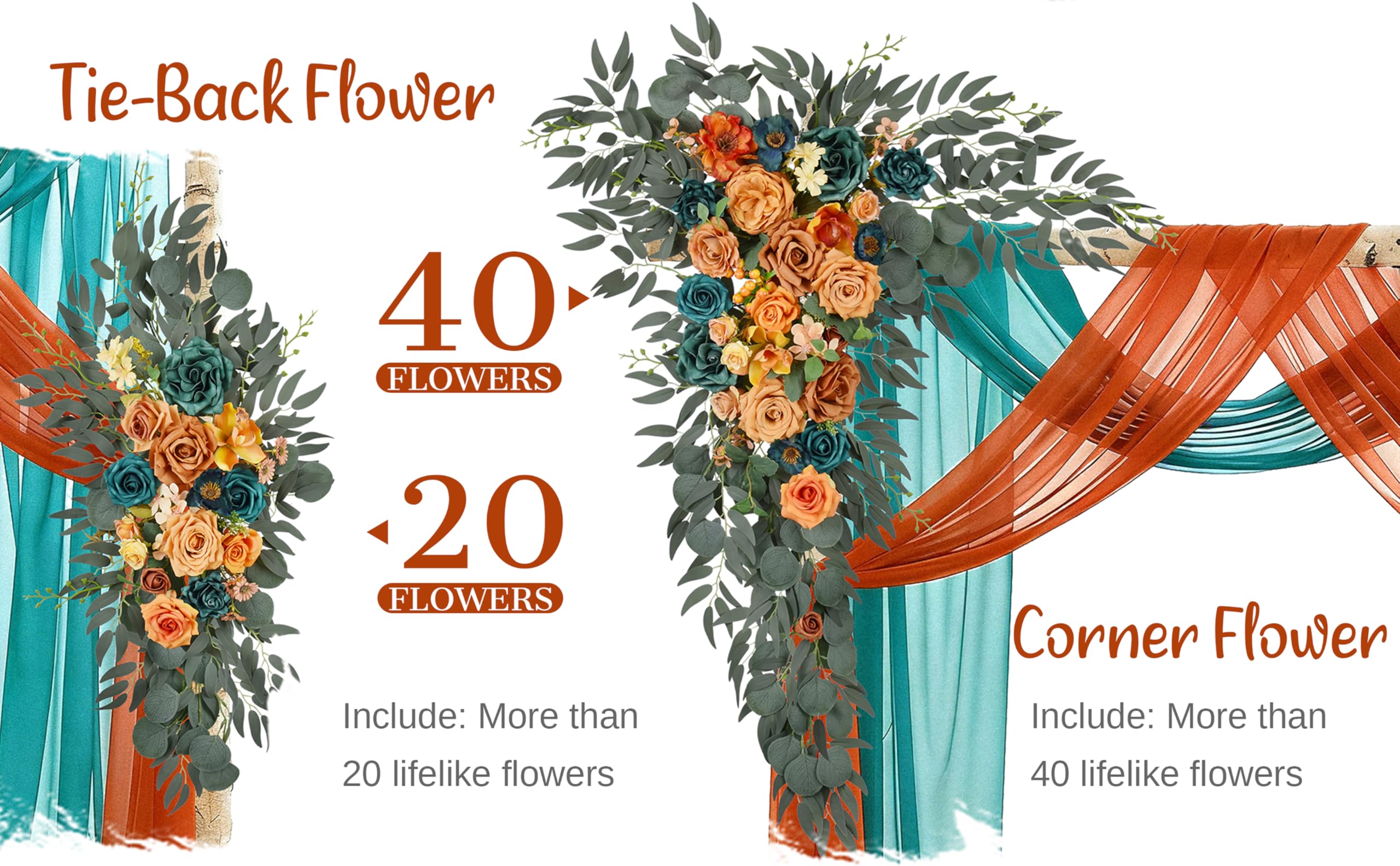 Hochzeitsbogen Blumen mit Vorhängen-Set (4 Stück) – 2 Stück künstliche blaugrüne orange Herbst-Deluxe-Girlande mit 2 durchsichtigen Vorhängen für Hochzeitszeremonie, Laube, Empfang