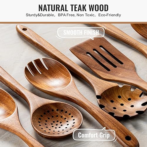 Miniatura 4 de Juego de 10 cucharas de madera para cocinar, juego de utensilios de cocina de madera de teca natural, juego de utensilios de cocina duraderos con