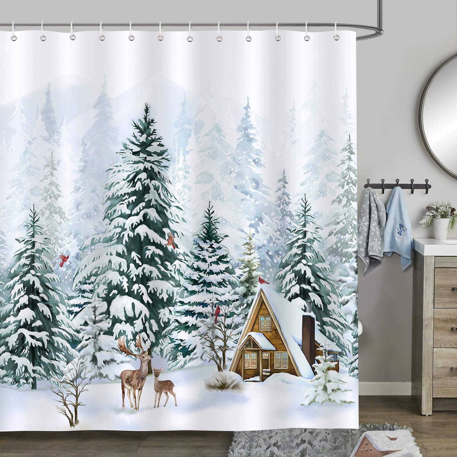 Bonhause Christmas Winter Shower Curtain, Pine Tree Deer Cardinal Snowy Forest Bathroom Decor 72 x 72 Inch Polyester Fabric Waterproof Bath Curtain
