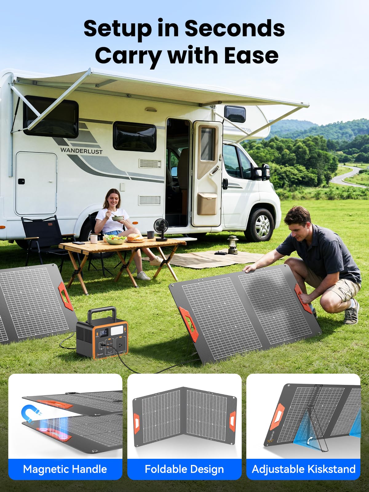 SOLUPUP Pannello solare portatile da 100 W per centrali elettriche, efficienza del 24%, pannelli solari bifacciali con uscita MC4, cavo 5 in 1, caricabatterie solare pieghevole impermeabile per camper