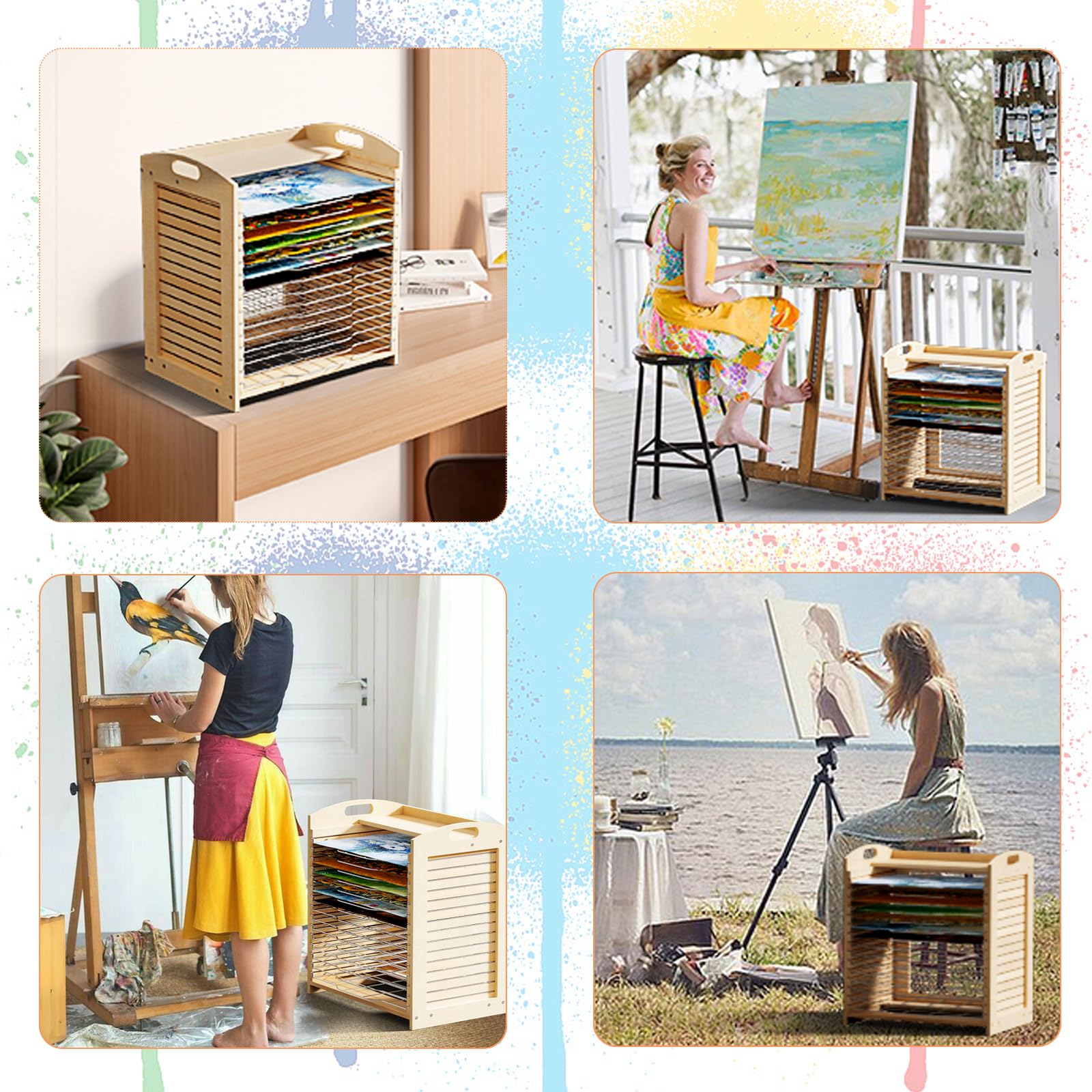 Nisorpa Art Droogrek Desktop Verf Droogrek met 15 Metalen Planken Opslag Platform Wandmontage Kunstwerk Opslag Display Rack Hout Canvas Rack Art Opslag voor Klas Schilderen Ambachten