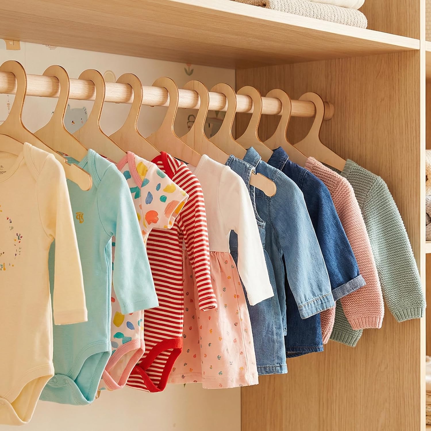 12 PCS Wooden Kids Hangers 9 Inch Cute Wood Baby Hangers Newborn Coat Hanger Non-Slip Clothes Hange for Girl Boy Toddlers Children Nursery Baby Shower Crate Closet Clothing Storage