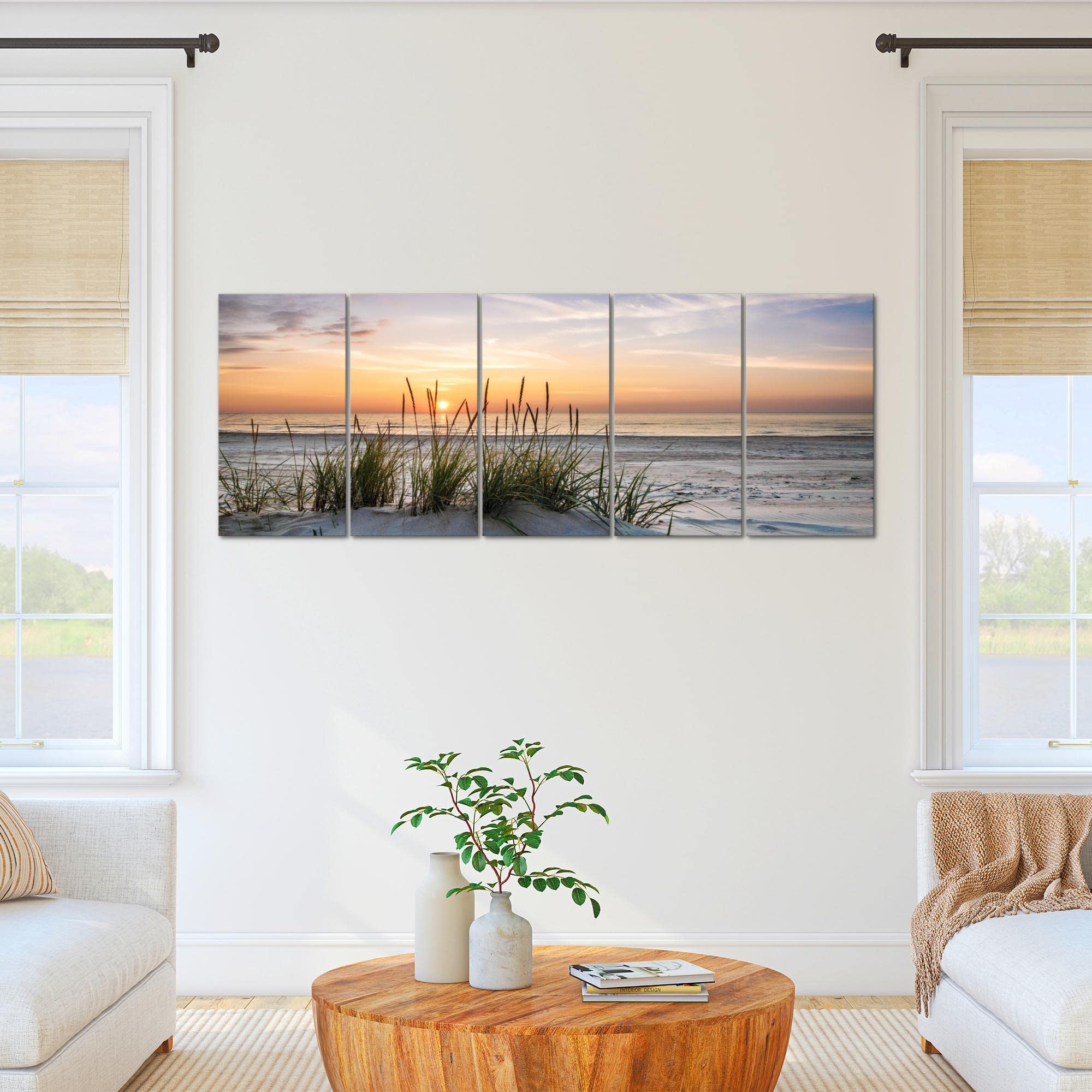 Runa Art Wandbild XXL Strand Sonnenuntergang Wohnzimmer 200 x 80 cm 5 Teilig - Made in Germany - 043755a