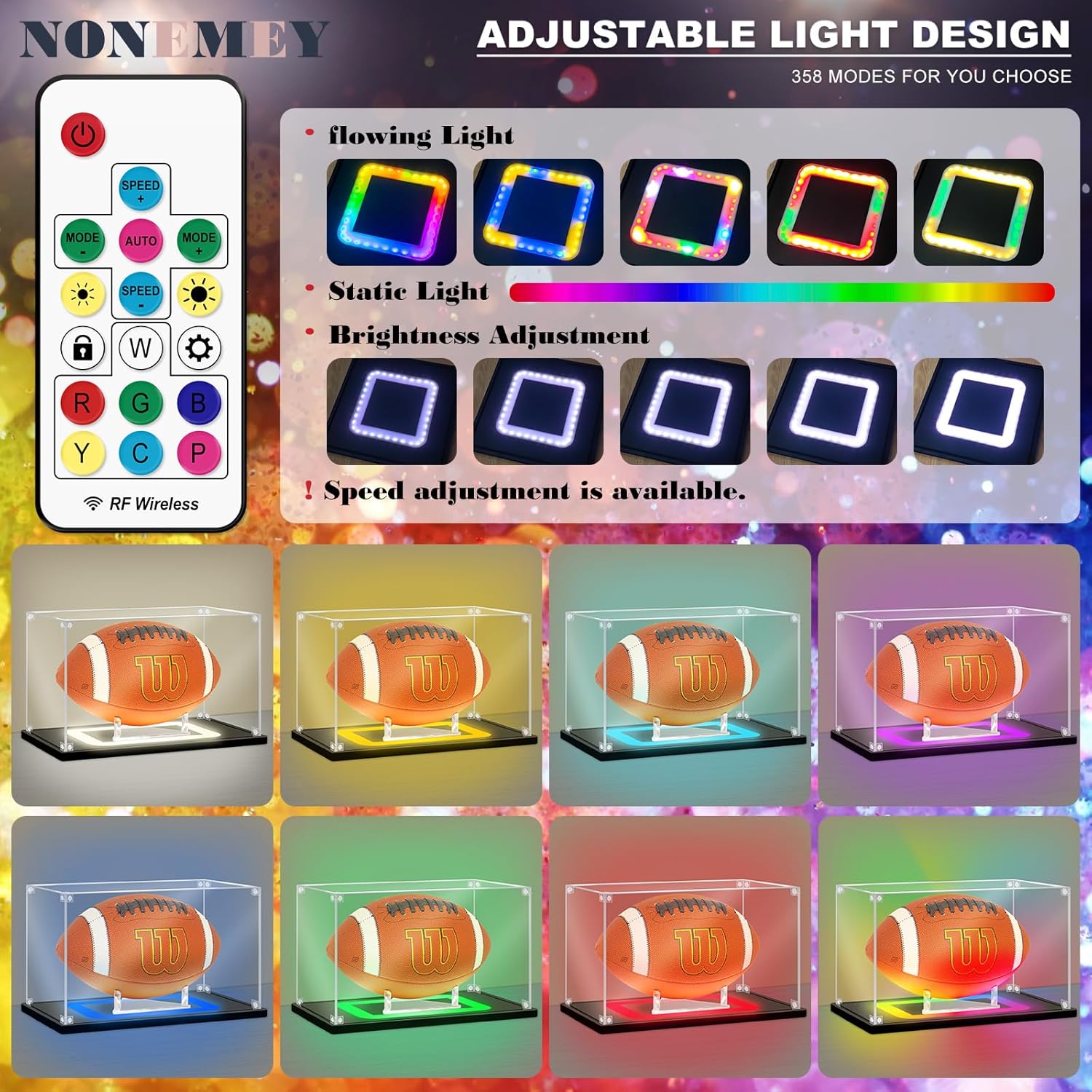 NONEMEY Football Display Case with RGB LED Light, UV Protected Acrylic Full Size Football Box , Football Display for Autographed Ball Memorabilia Gifts