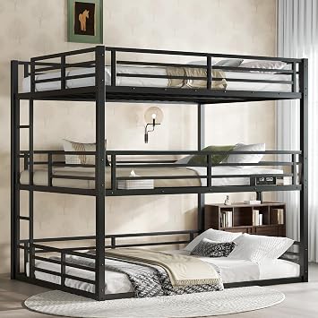 Modern Queen Over Full XL Over Queen Bunk Bed,Metal Triple Heavy-Duty Bed Frame with Safety Guardrails for Kids Teens Girls Boys Adults Bedroom Furniture Black-41