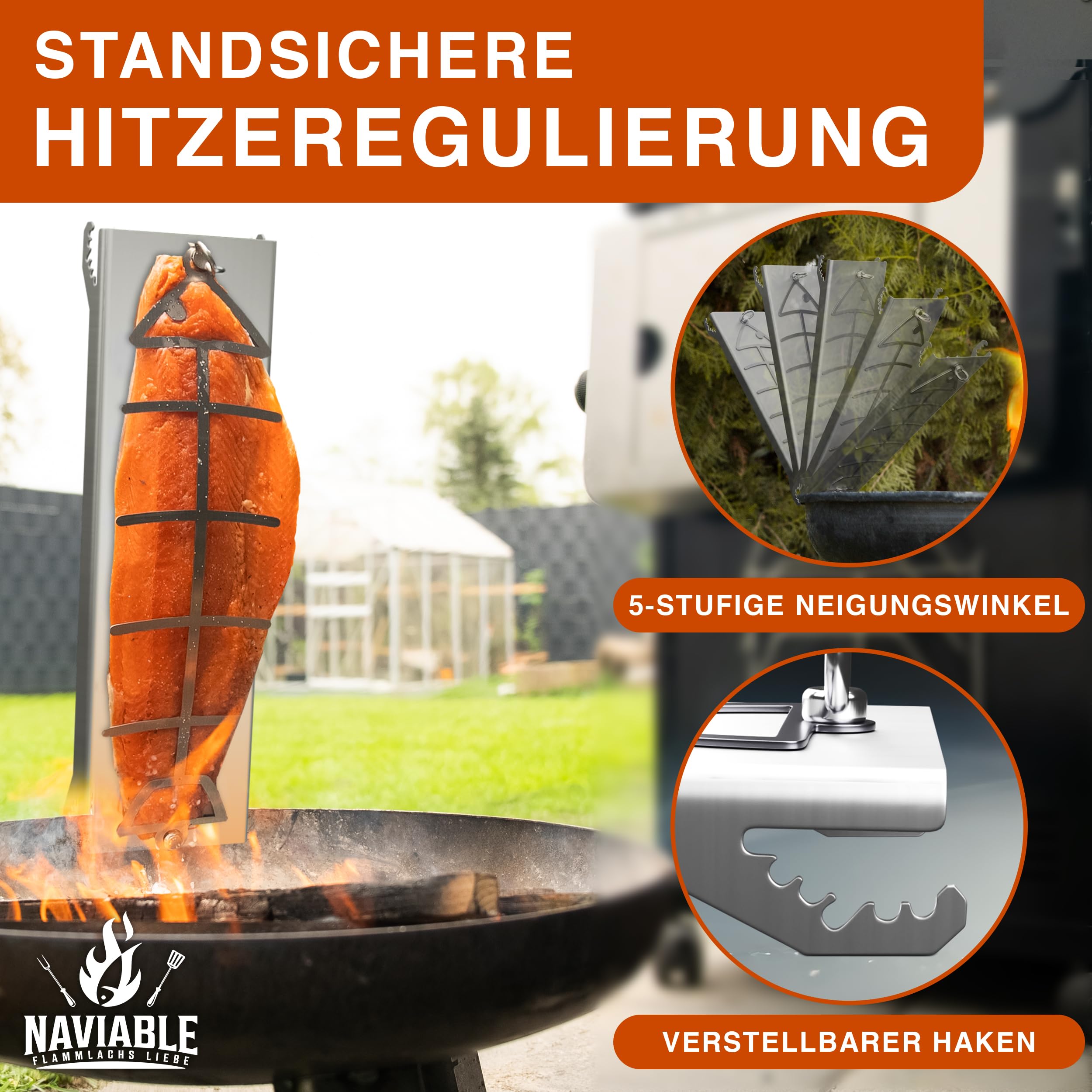 Edelstahl Flammlachshalter für Feuerschalen & Kugelgrills – Testsieger - 5-stufig verstellbares Grillbrett für perfektes Flammlachs und Fisch - Grillen bei Camping & Grillpartys