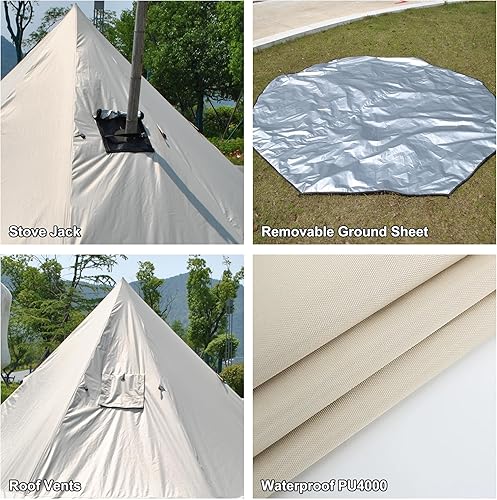 Miniatura 4 de Amplia tienda de campaña de yurta para 4 personas con gato de estufa, tienda de campaña Glamping para 4 estaciones, tela Oxford 210D impermeable,