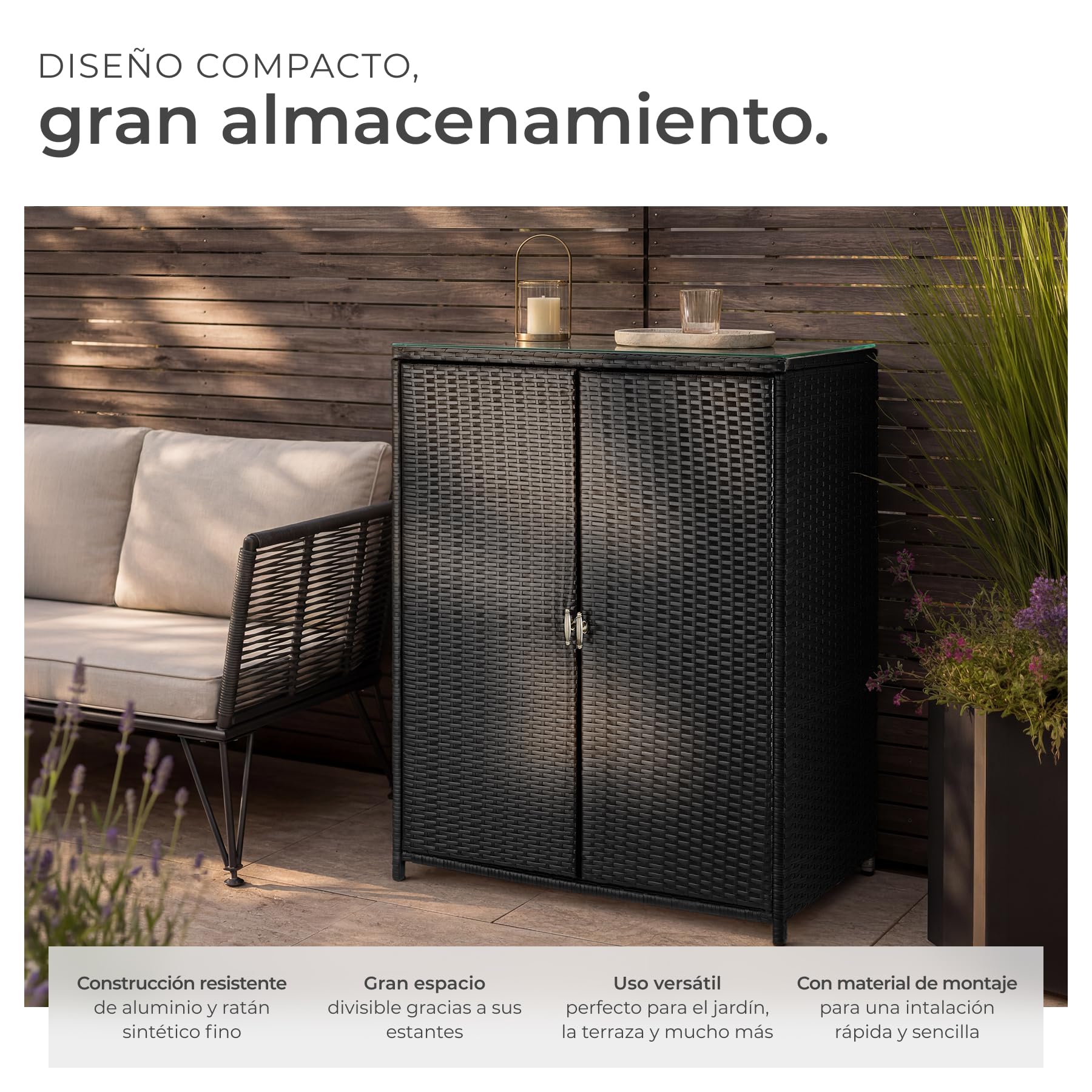 tectake® Armario de Jardín de Ratán, 4 Compartimentos, Estructura de Aluminio Inoxidable, Estantería de Exterior, Mueble Terraza Exterior, Almacenamiento, Armario Multiusos, Armario Jardin - Negro