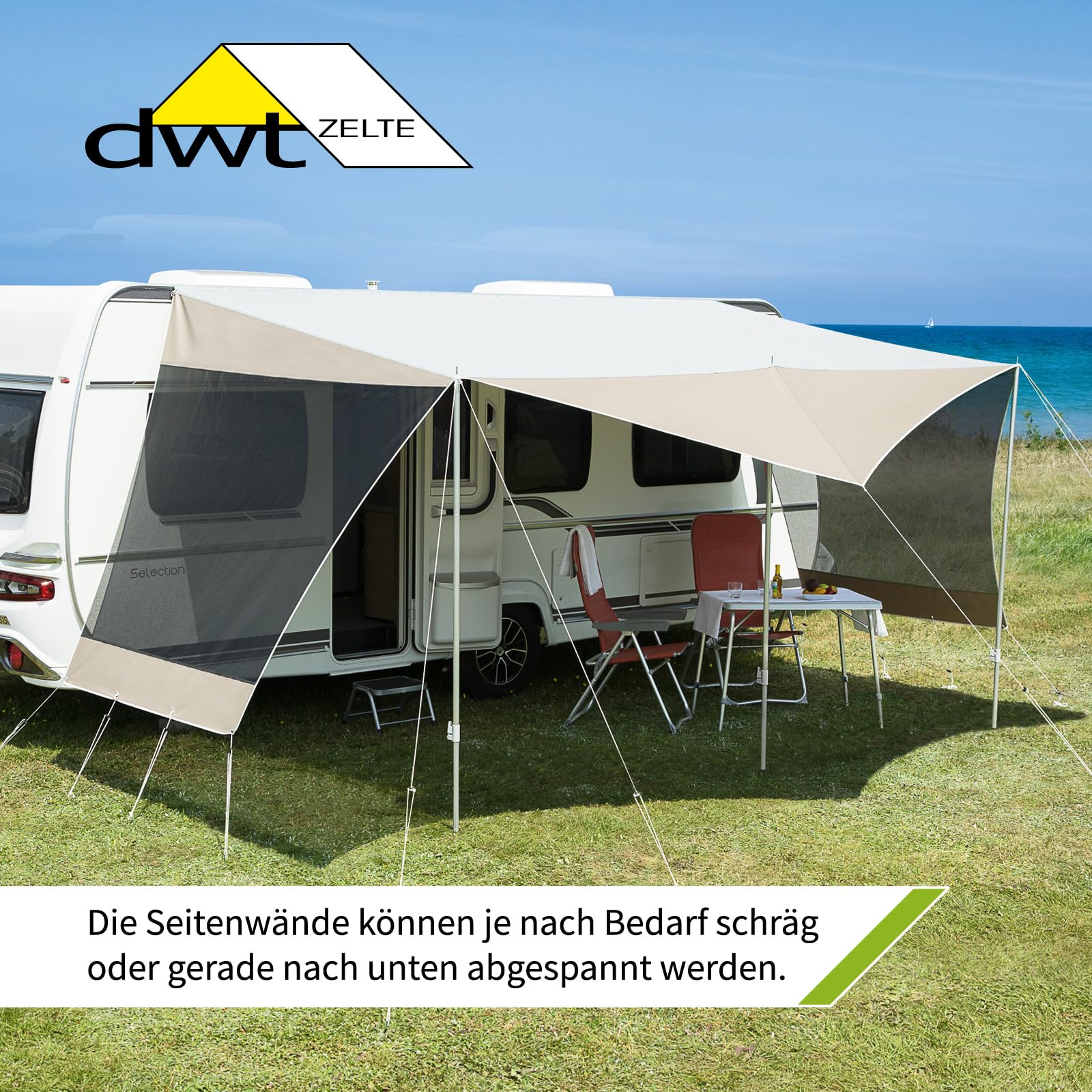 dwt Wohnwagen Sonnendach Coco Wohnwagen 240 cm tief, mit UV-Schutz und Abspannmaterial inkl. Seitenwände aus Mesh-Gewebe, Größe:Gr.1 B/T 330x240+80cm
