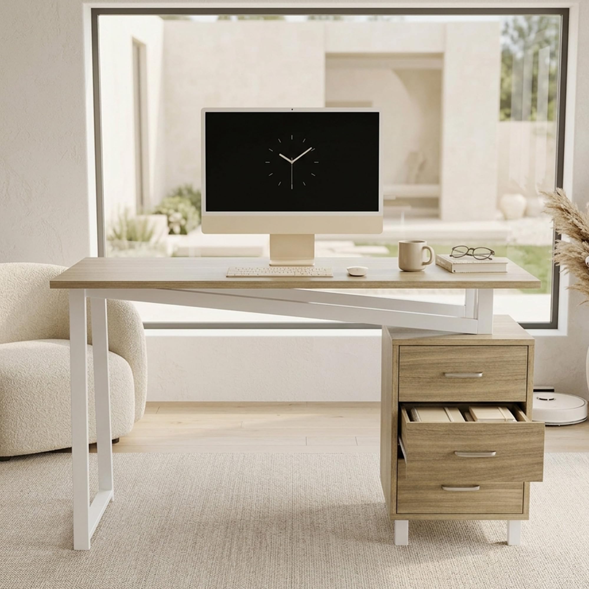 TIZZ Escritorio espacioso, 130 x 55 x 75 cm, con espacio de almacenamiento, material MDF de alta densidad, rieles de cajones de tres capas, puntales triangulares, fácil de montar y limpiar, madera