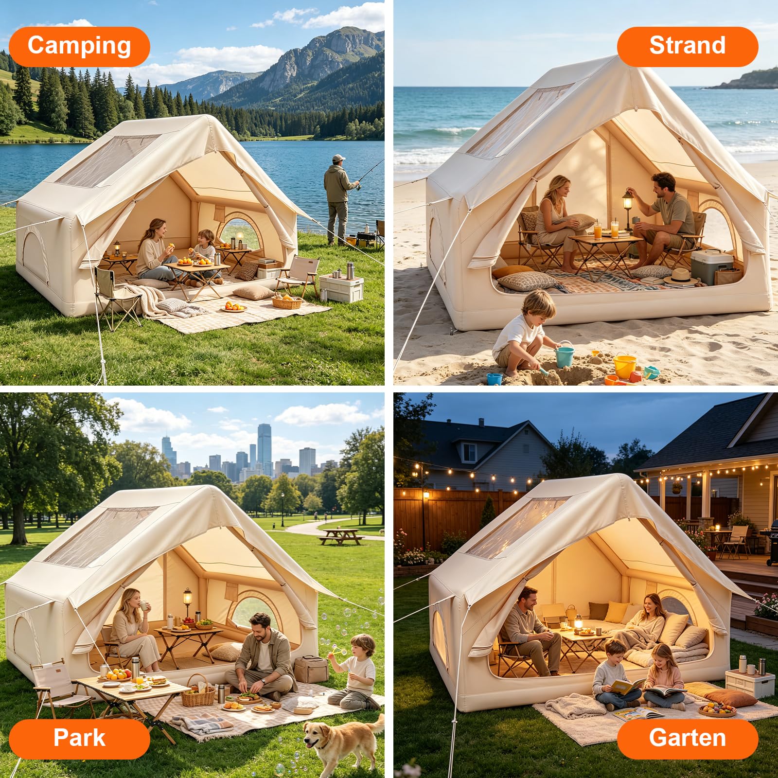 Aufblasbares Campingzelt, 300×210×200cm für 3-4 Personen, wasserdichtes 210D Oxford Gewebe, UV-Schutz, Handpumpe Heringe, Schnellaufbau in 3-5 Minuten, für Familiencamping, Outdoor Abenteuer