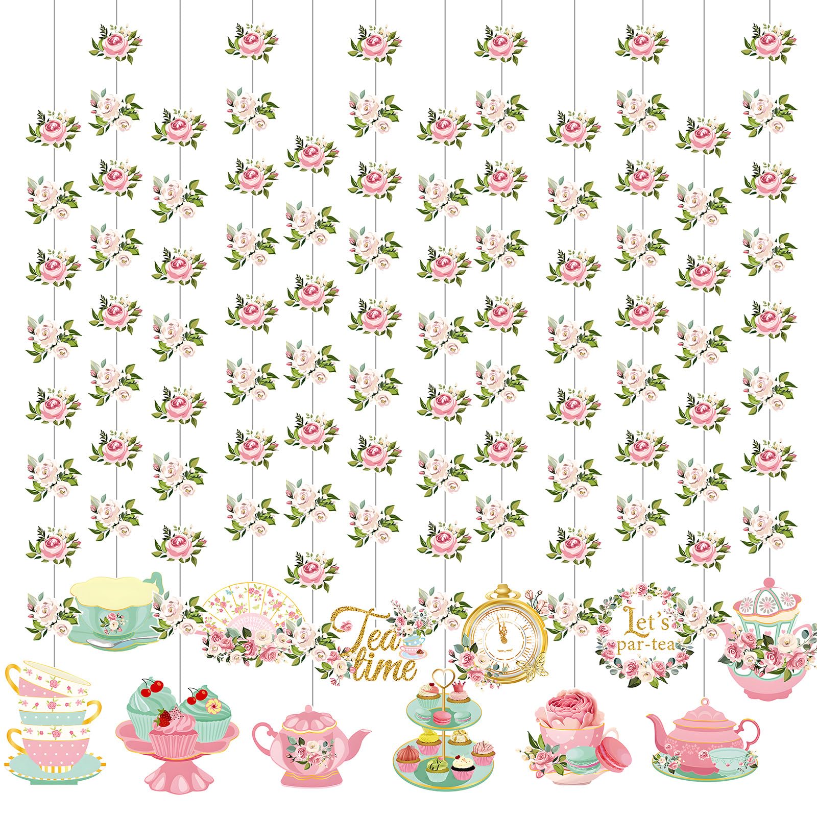 Fullhawl 12 Pack 32'' Tea Party Decorations Floral Double Sided Hanging Garland Floral Tea Party Banner Hanging Decorations for Bridal Shower Princess