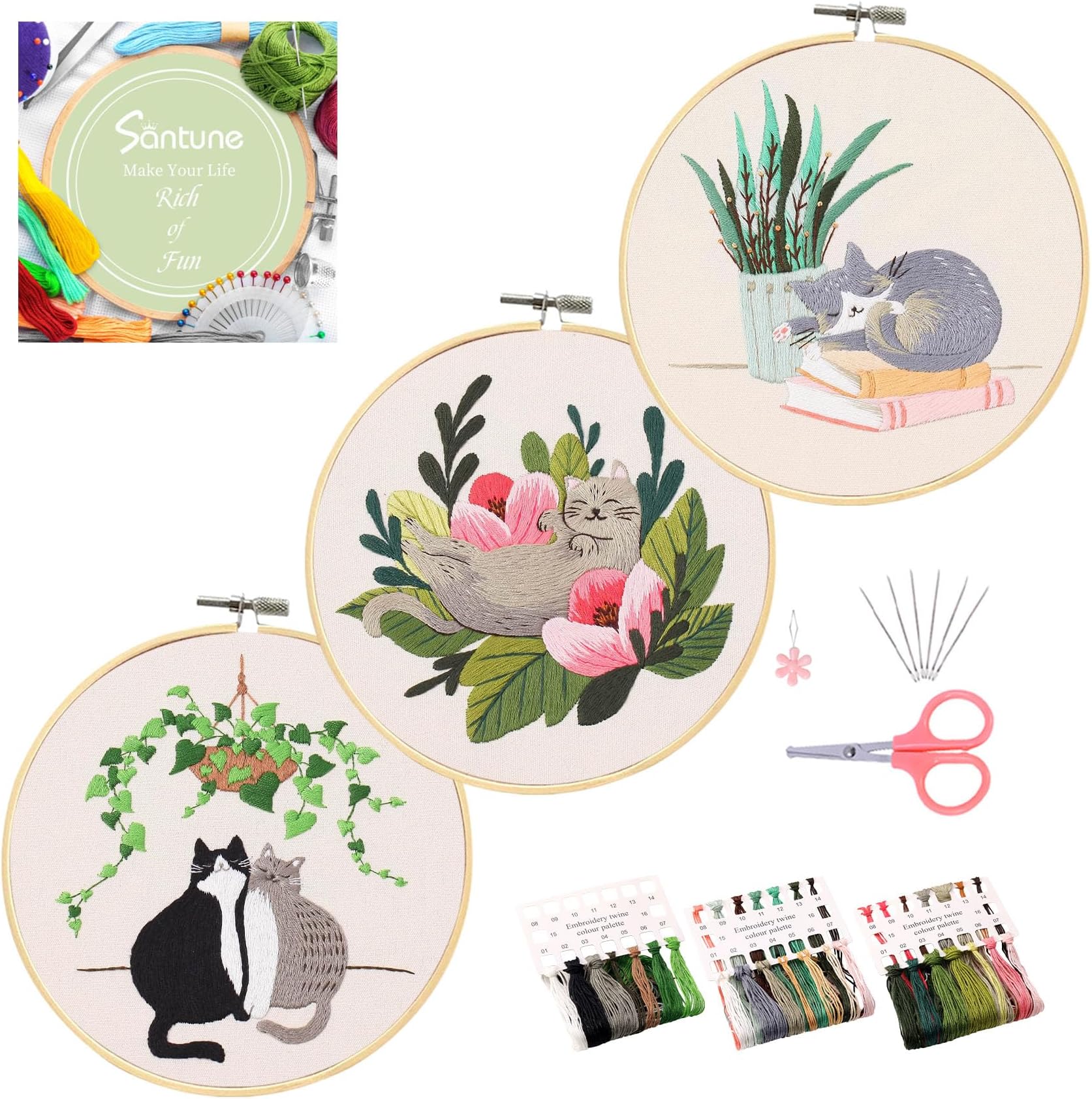 Santune 3 Pack Embroidery Kit for Beginners with Pattern, Cross Stitch Kits for Adults with Instructions,Needlepoint Kits for Adults Include 1 Embroidery Hoops,Color Threads and Needles(Cat)
