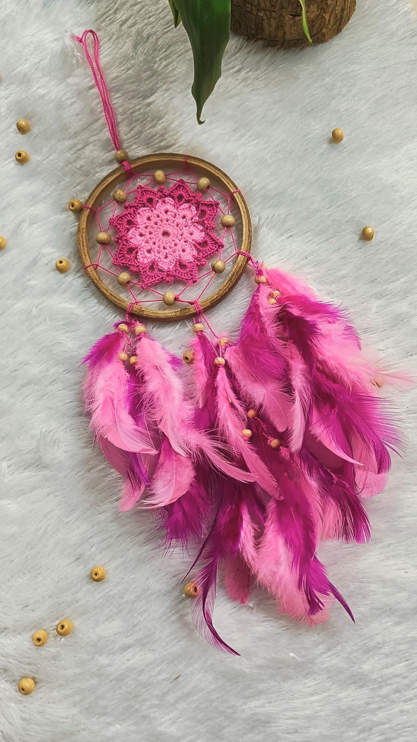 Handcrafted Boho Pink Dreamcatcher, Crochet Flower Design Wall Hanging, Small Size with Feathers, 11 inches (Pink)-image-47