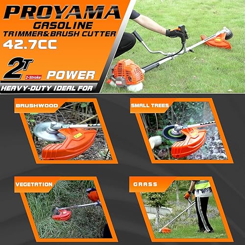 Miniatura 3 de PROYAMA Wacker de malezas a gas de 42.7cc, 3 en 1 alimentador de malezas a gas, cortador de cepillo y recortadora de hilo de gas de 2 ciclos de